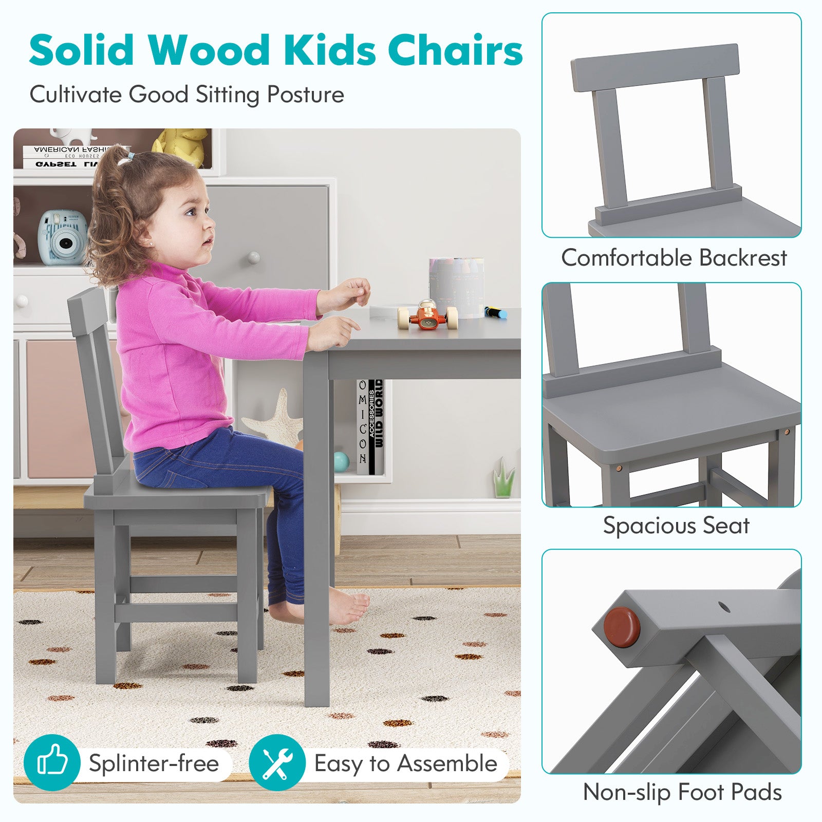 Wooden Kids Table and 2 Chairs Set with Anti-slip Foot Pads
