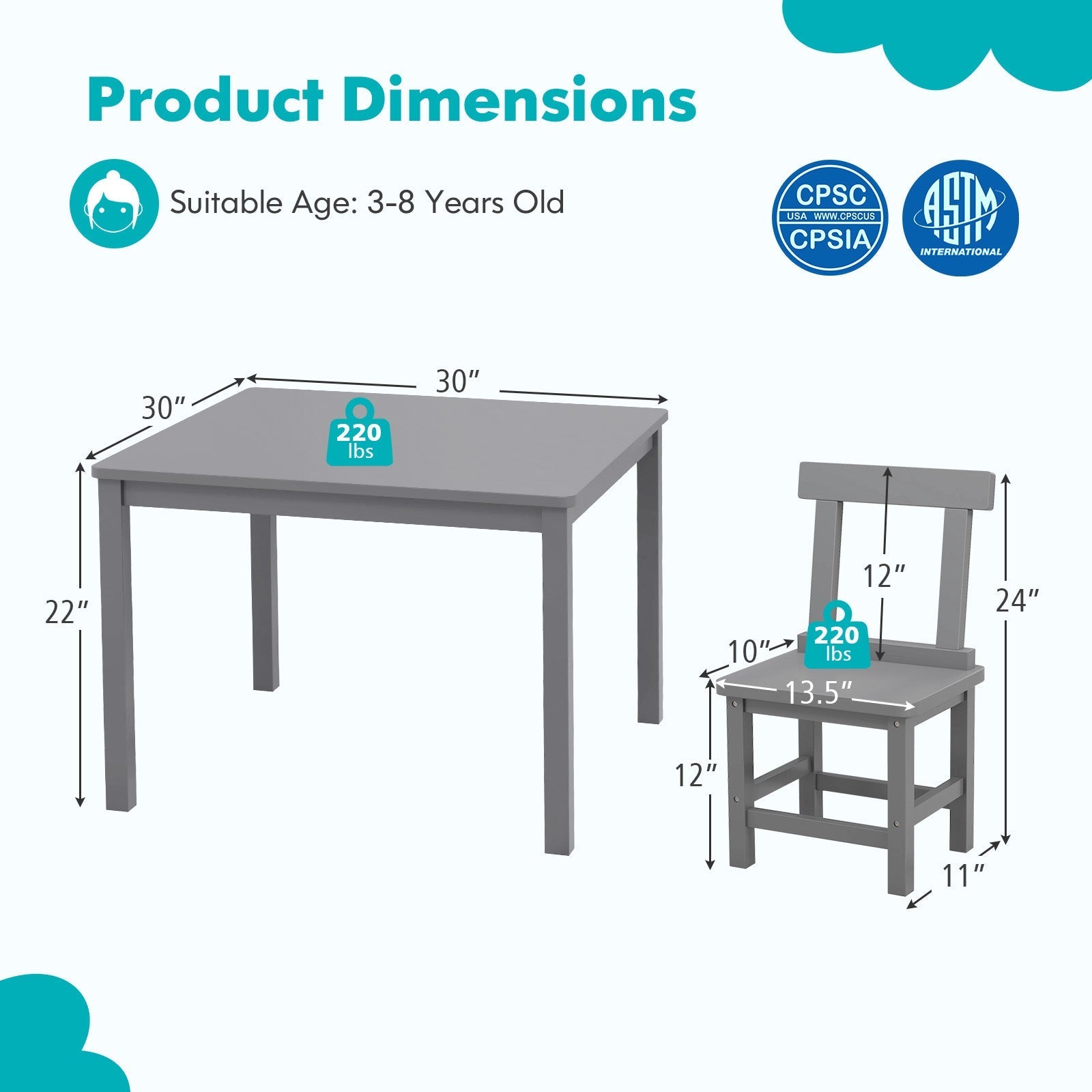 Wooden Kids Table and 2 Chairs Set with Anti-slip Foot Pads