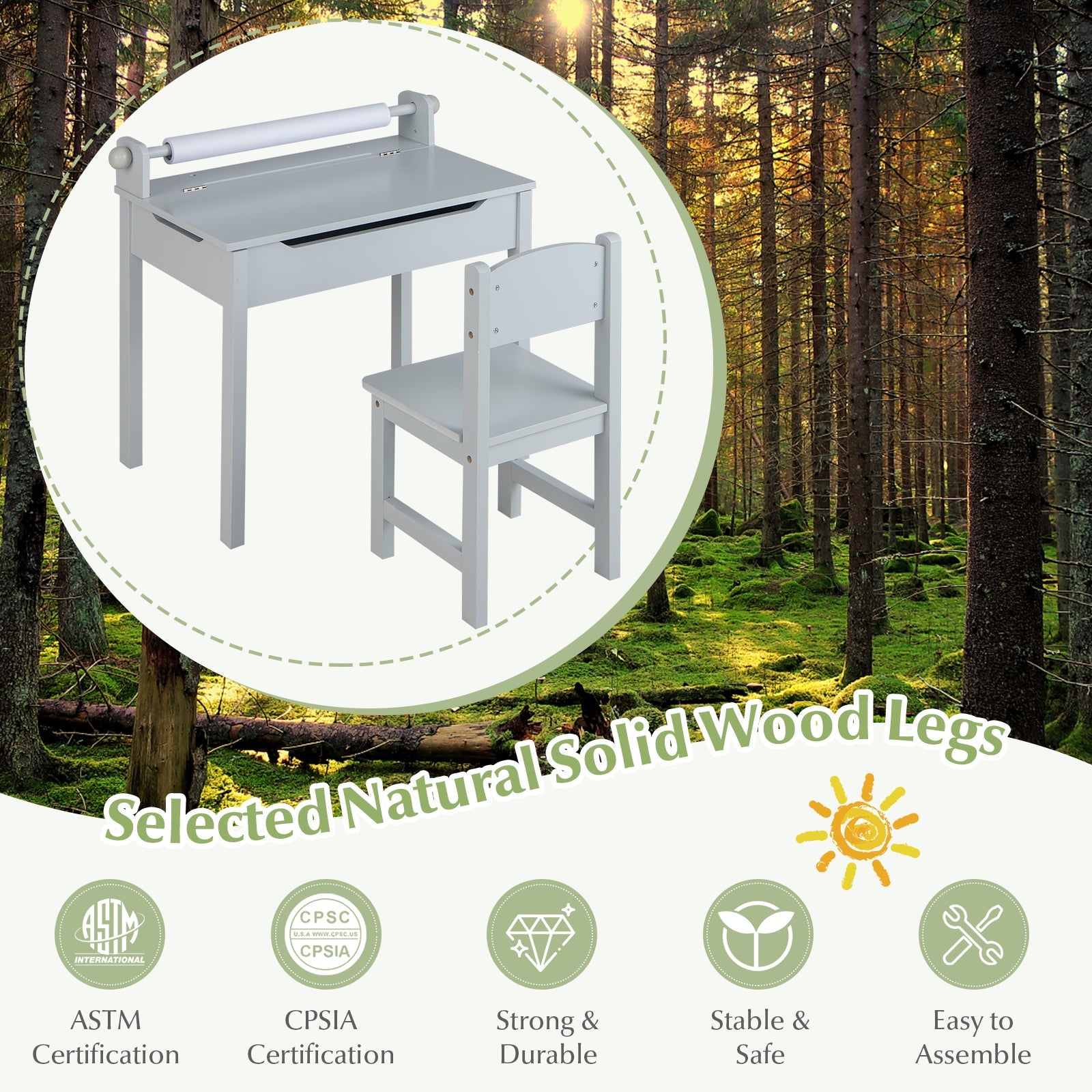 Wooden Kids Table and Chair Set with Storage and Paper Roll Holder
