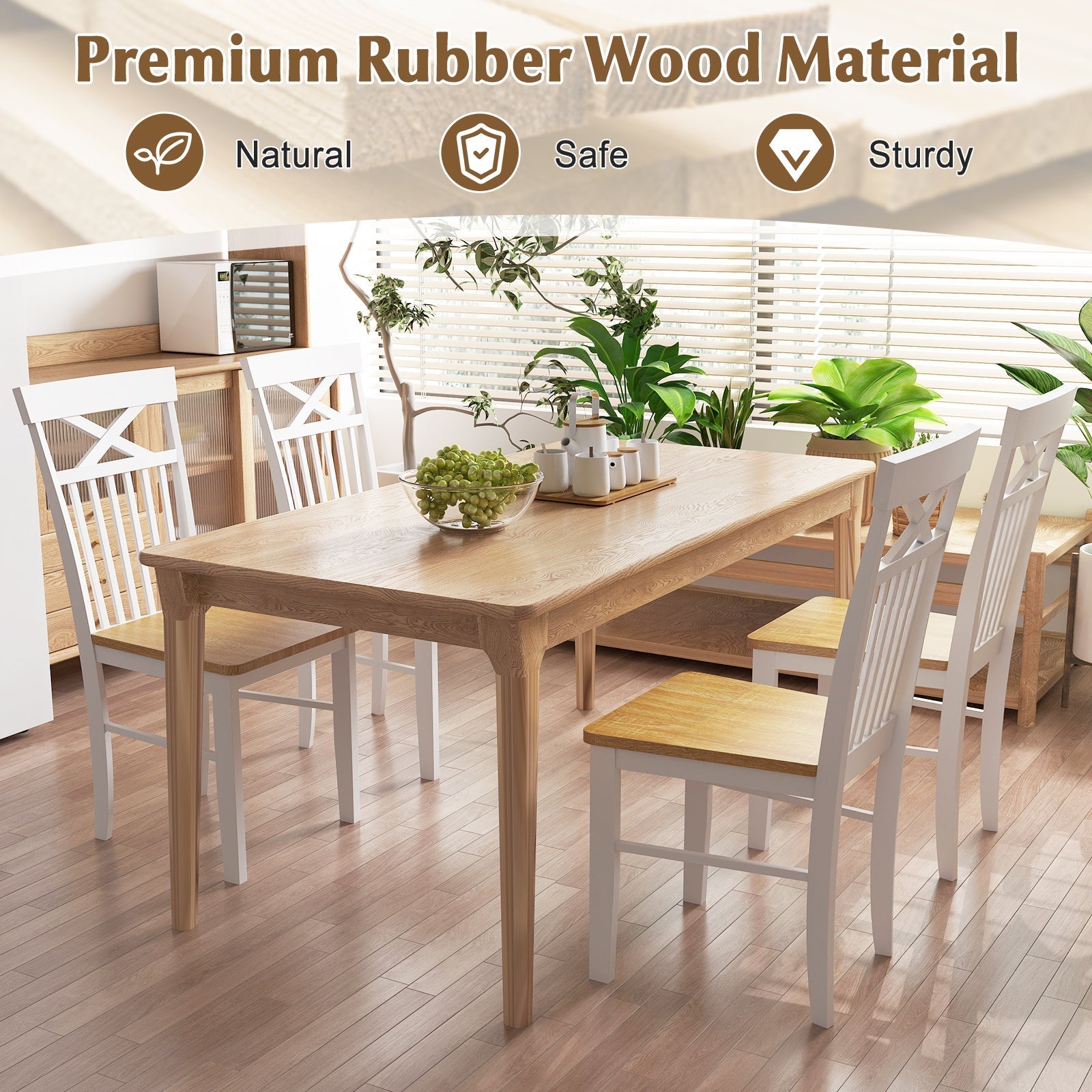 Wooden Kitchen Dining Chair Set of 2 with Rubber Wood Frame-Natural