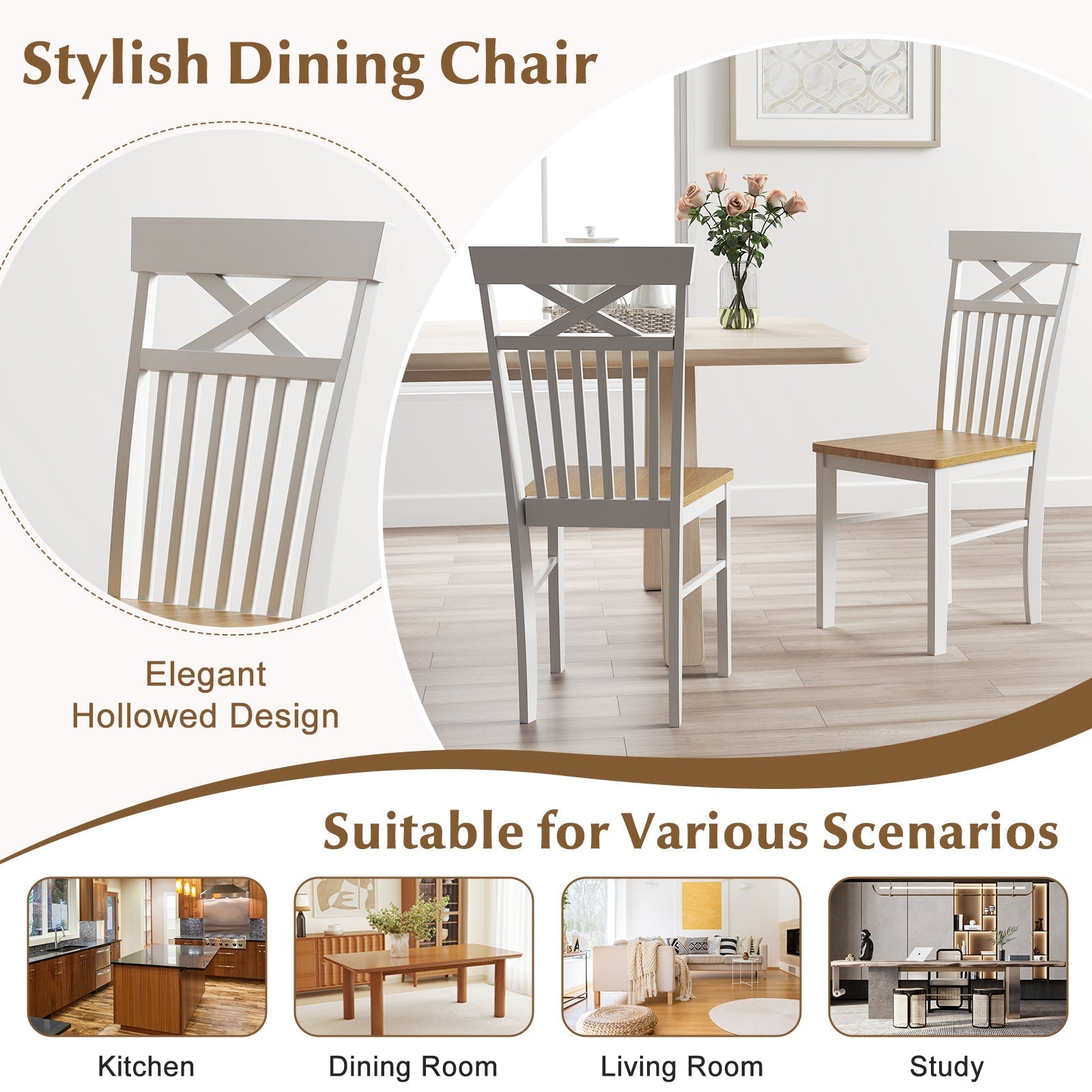 Wooden Kitchen Dining Chair Set of 2 with Rubber Wood Frame-Natural