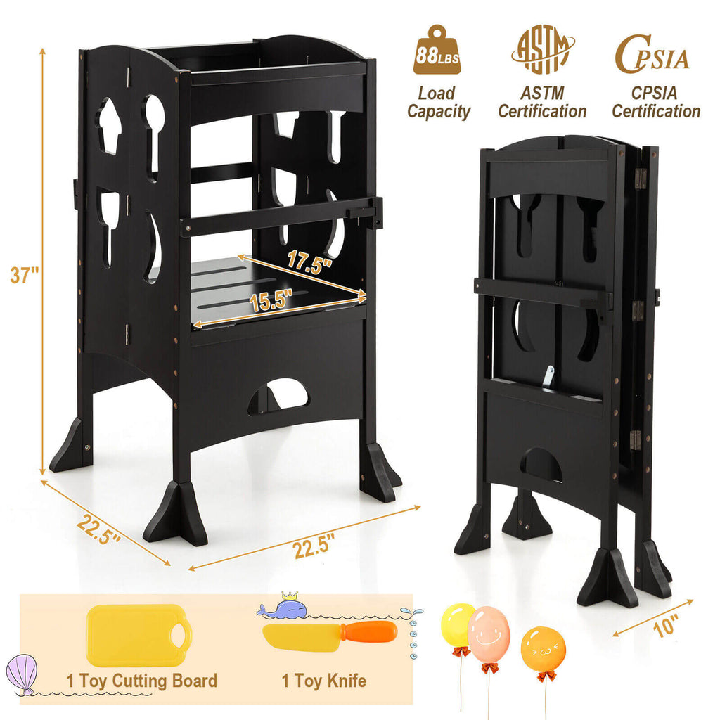 Folding Wooden Step Stool with Lockable Safety Rail for Toddler 3+