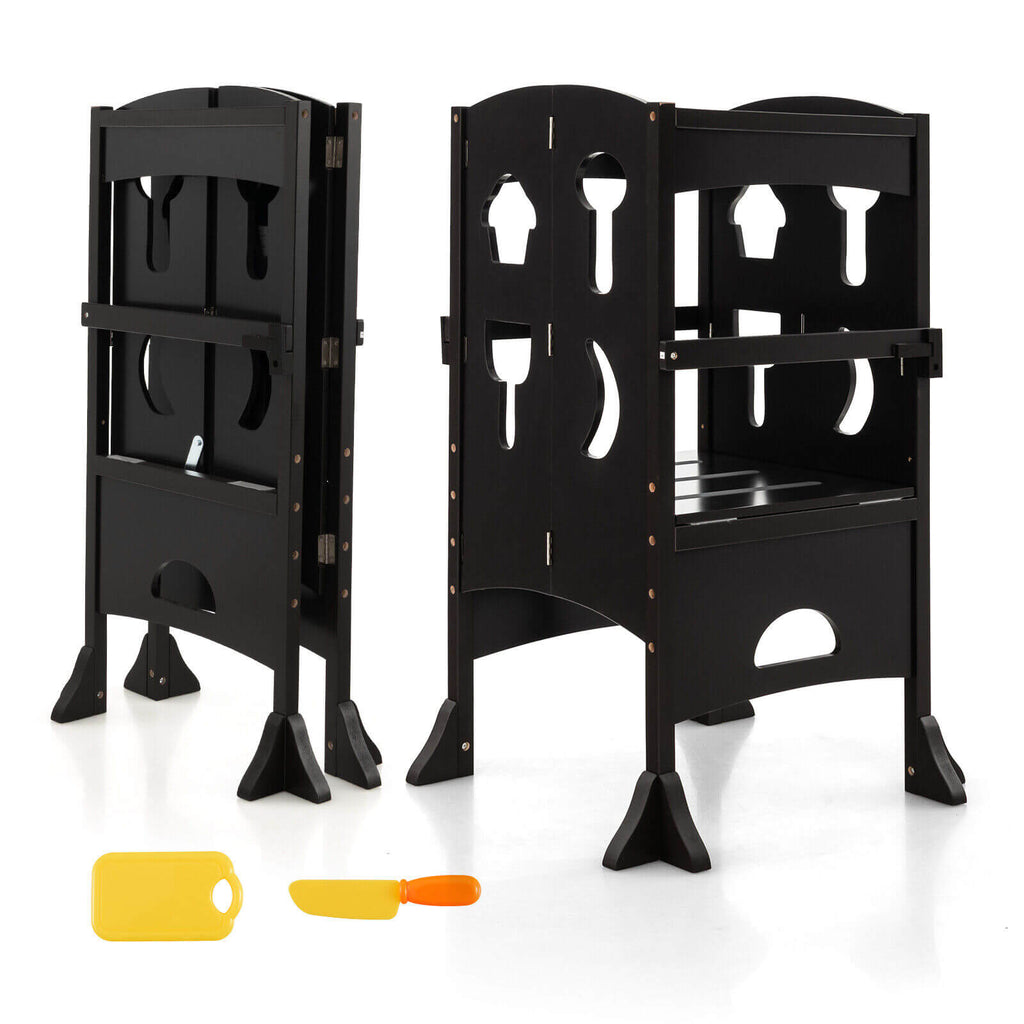 Folding Wooden Step Stool with Lockable Safety Rail for Toddler 3+