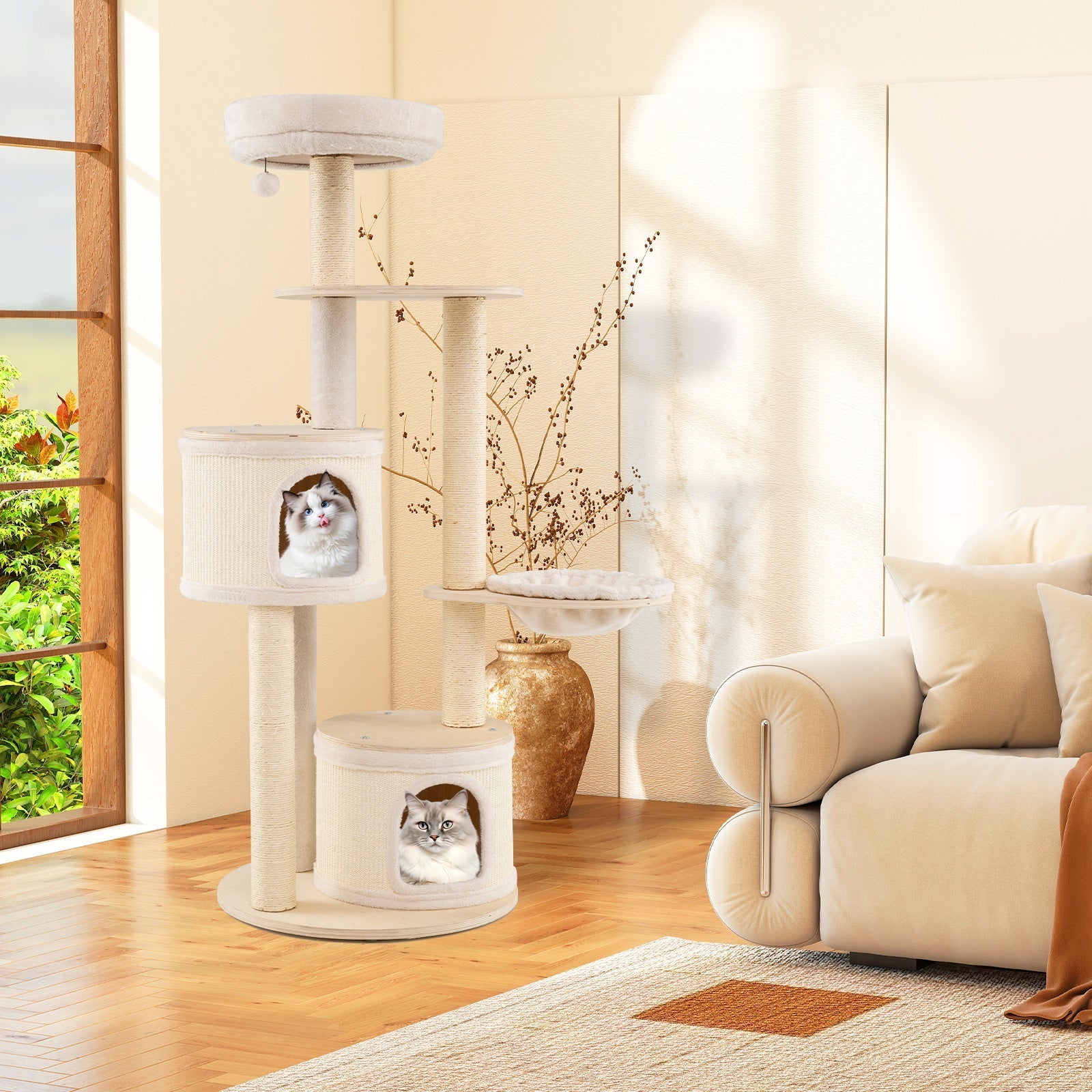 Wooden Kitten Tower with Sisal Scratching Posts and 2 Condos-Natural