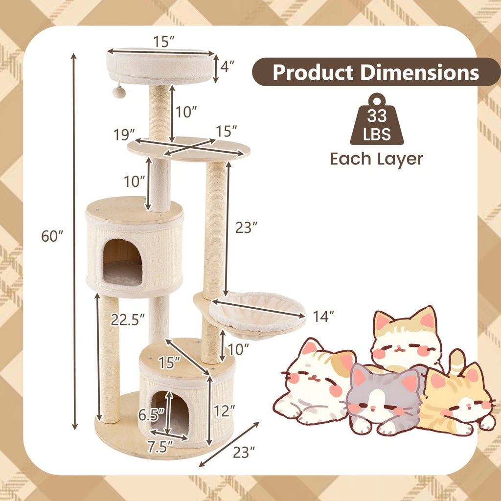 Wooden Kitten Tower with Sisal Scratching Posts and 2 Condos-Natural