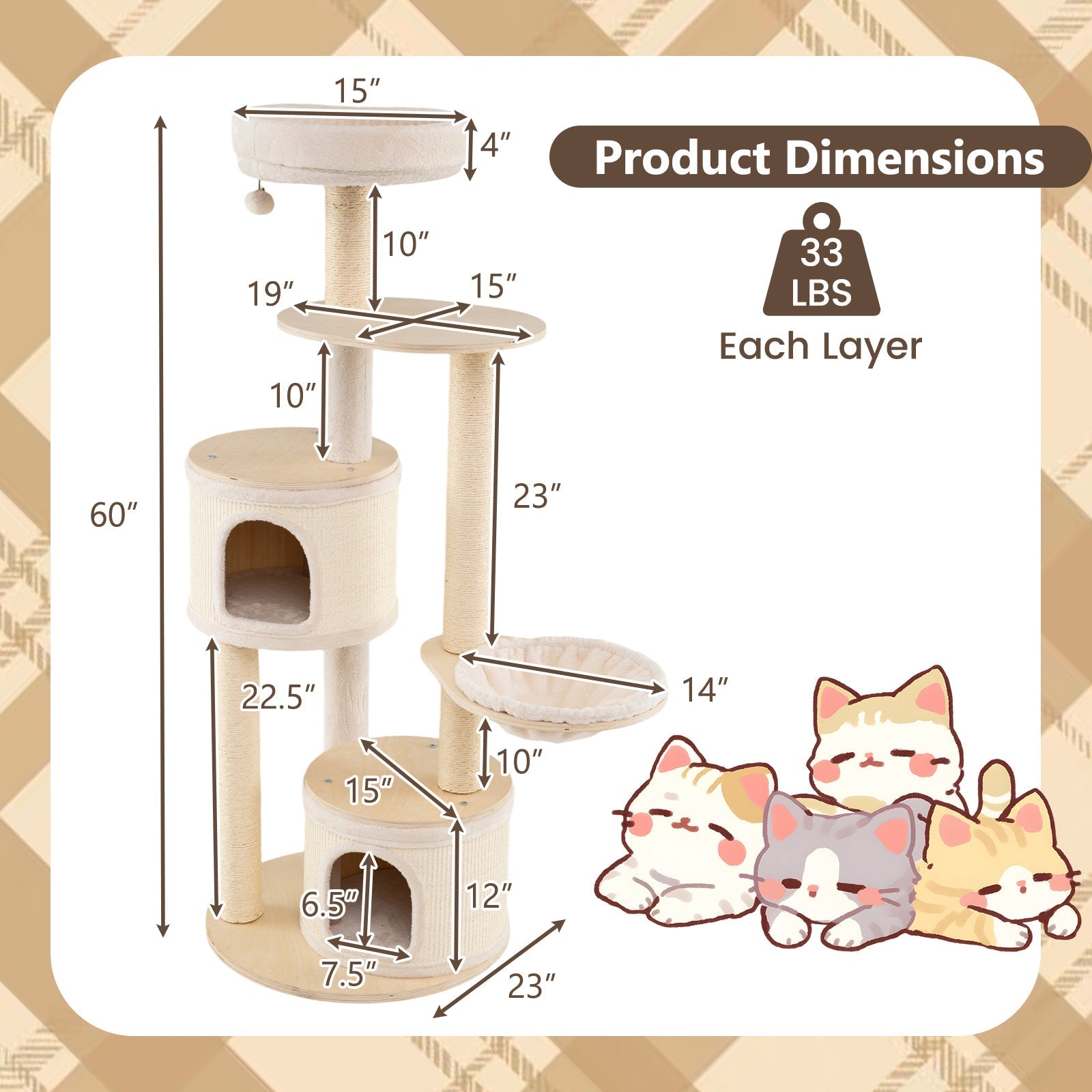 Wooden Kitten Tower with Sisal Scratching Posts and 2 Condos-Natural