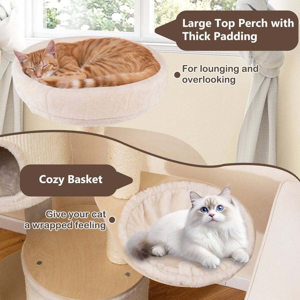 Wooden Kitten Tower with Sisal Scratching Posts and 2 Condos-Natural