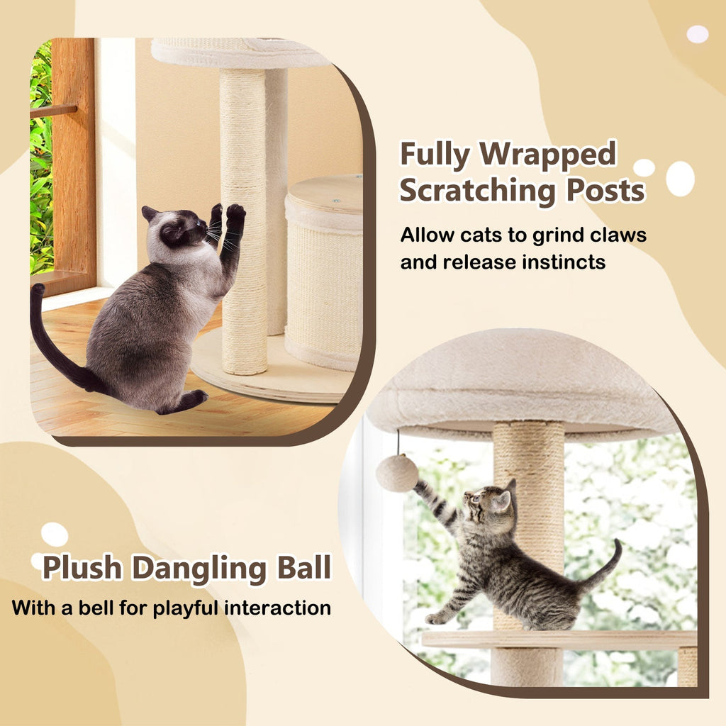 Wooden Kitten Tower with Sisal Scratching Posts and 2 Condos-Natural