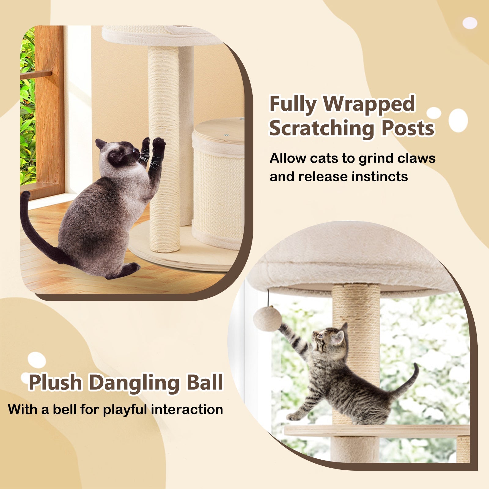 Wooden Kitten Tower with Sisal Scratching Posts and 2 Condos-Natural