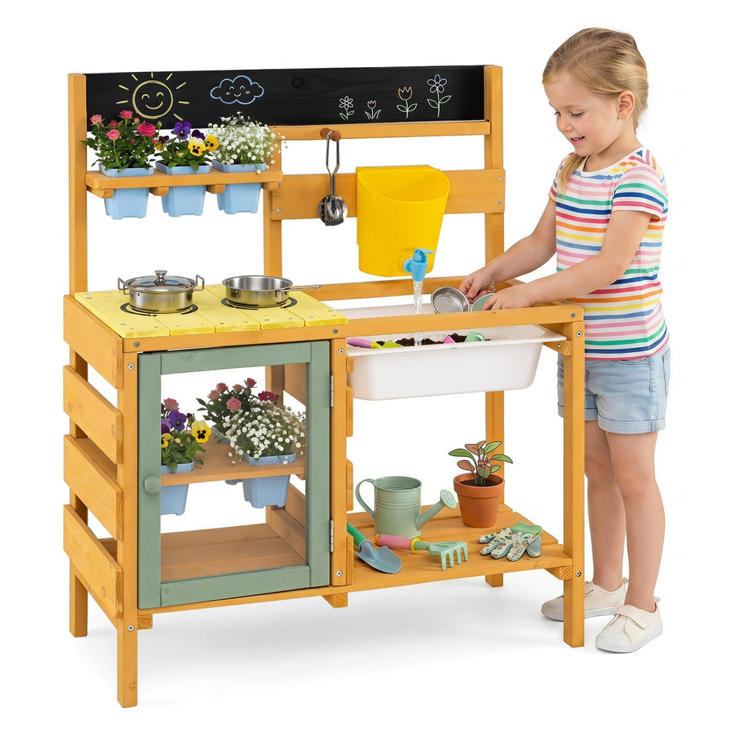 Wooden Mud Kitchen for Toddlers with Faucet & Water Tank