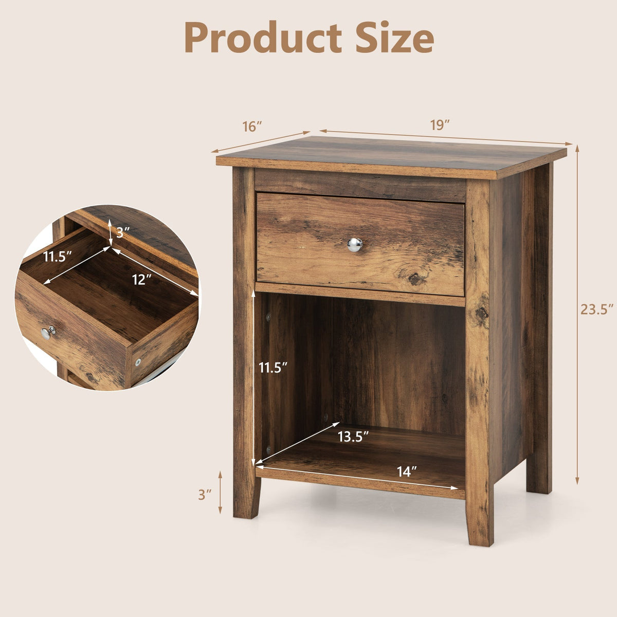 Wooden Nightstand with Slide-out Drawer and Open Shelf