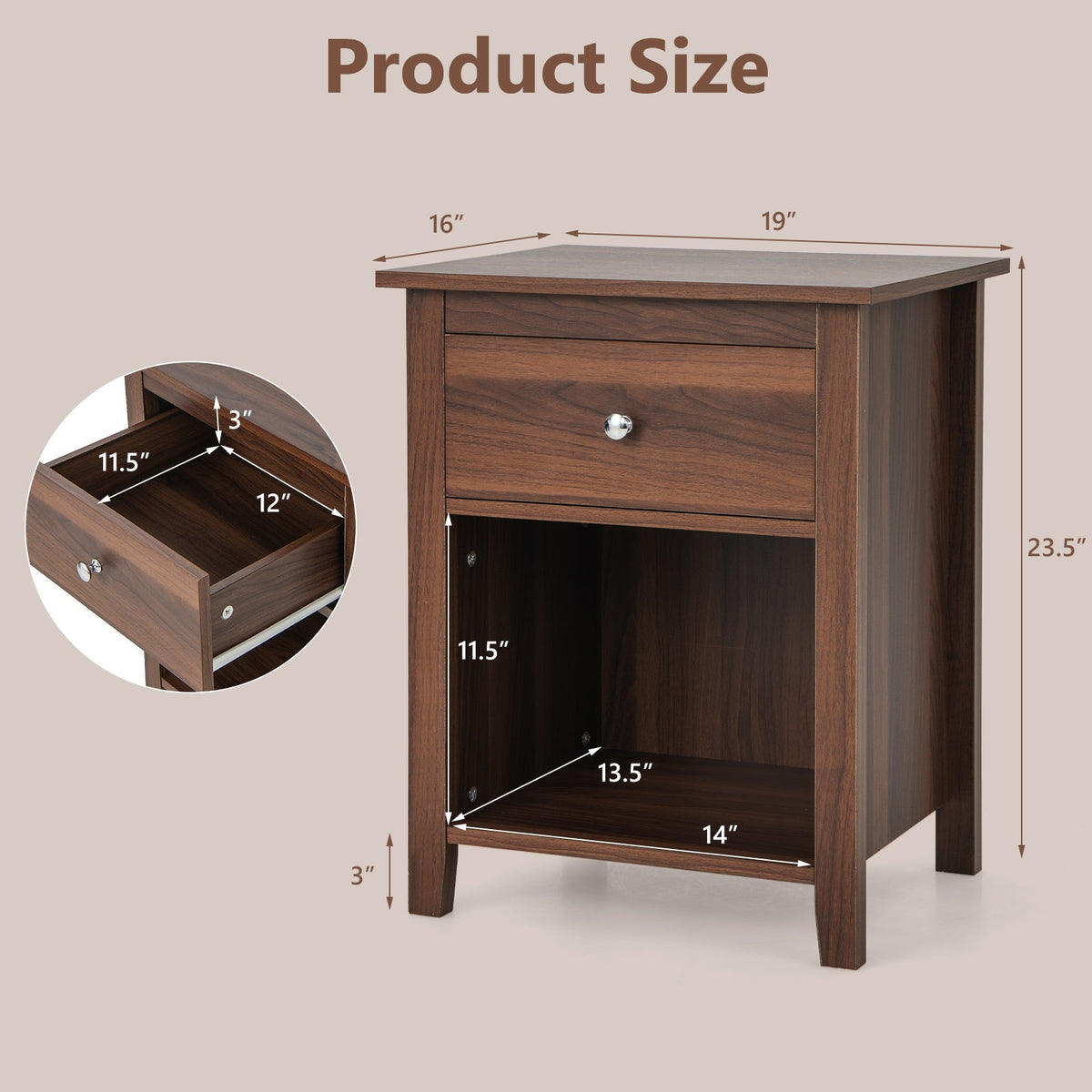 Wooden Nightstand with Slide-out Drawer and Open Shelf