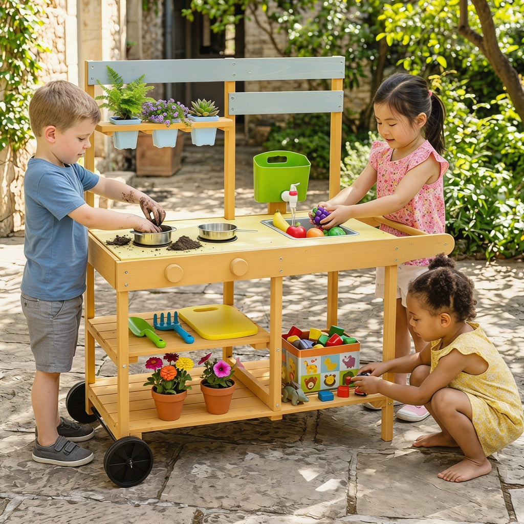 Wooden Outdoor Mud Kitchen for Kids with Wheels - Yellow