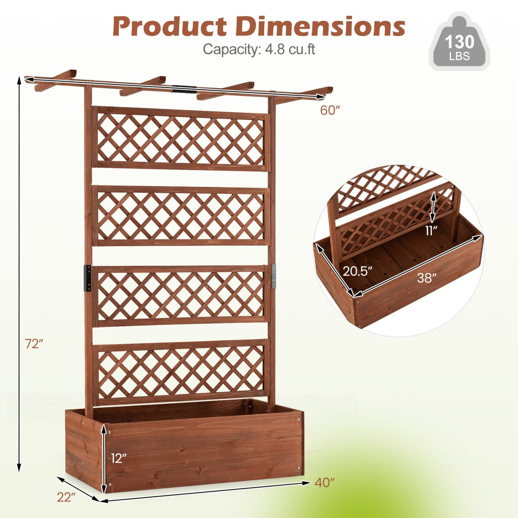 Wooden Planter Box with Lattice Trellis Raised Garden Bed Privacy Screen with Flat Roof