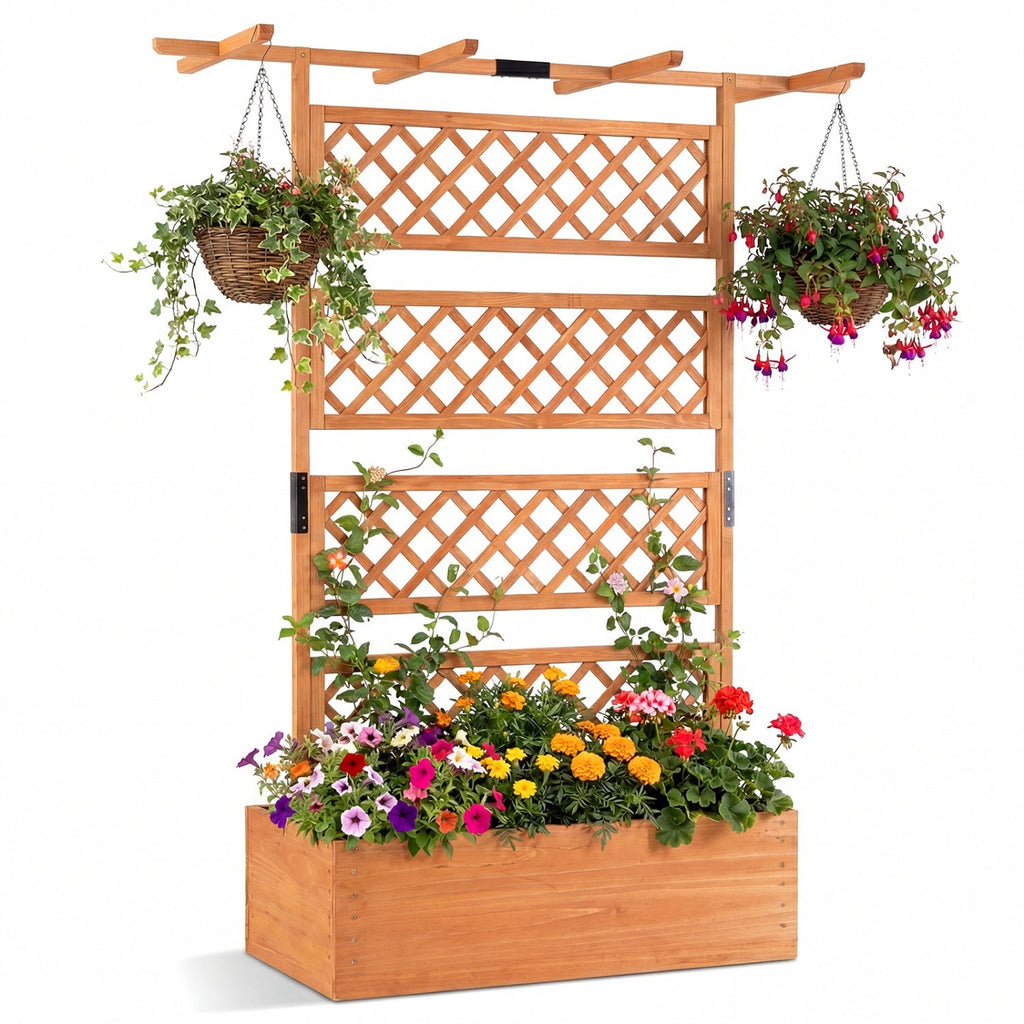 Wooden Planter Box with Lattice Trellis Raised Garden Bed Privacy Screen with Flat Roof