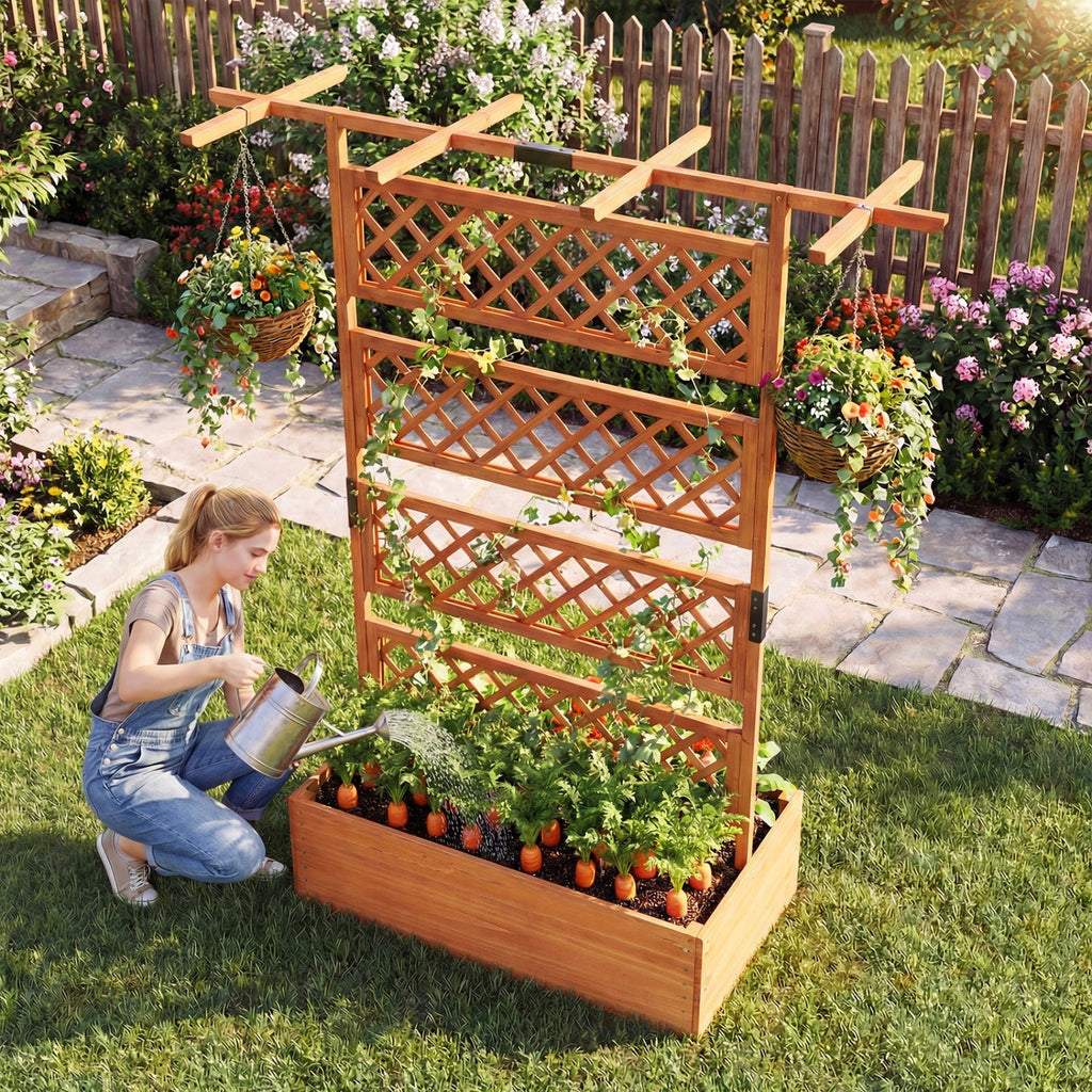 Wooden Planter Box with Lattice Trellis Raised Garden Bed Privacy Screen with Flat Roof