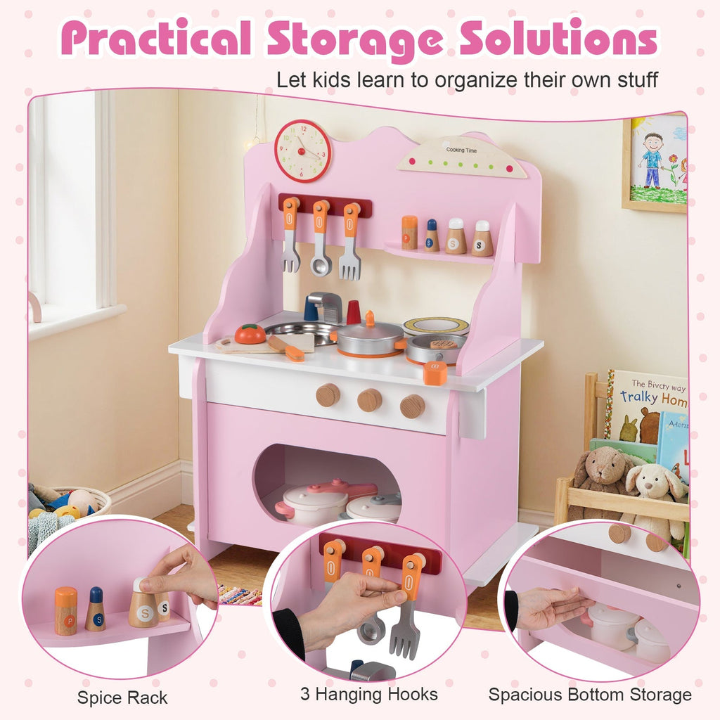 Wooden Play Kitchen for Kids Pretend Play Toy Kitchen Set with Clock Gift for Boys and Girls 3 +Pink