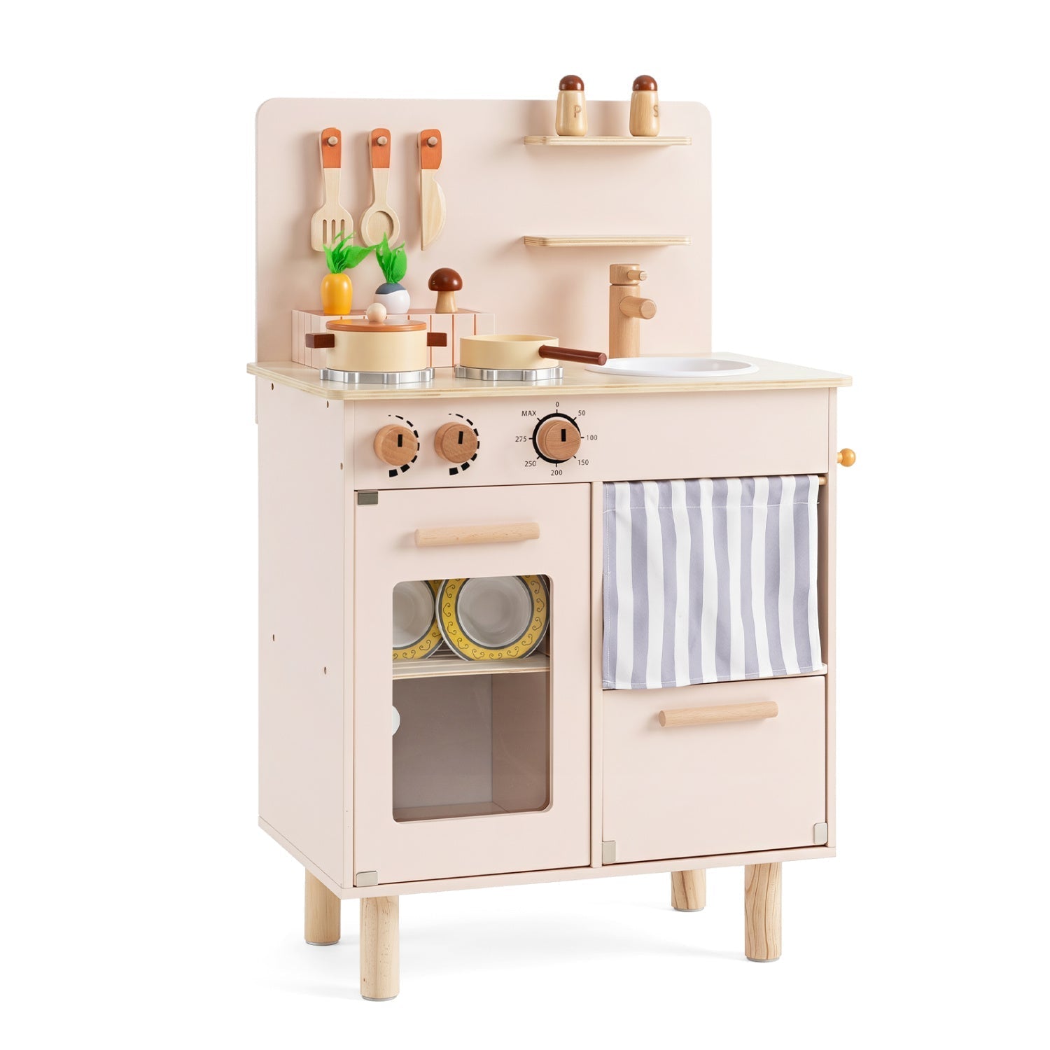Wooden Play Kitchen Set for Kids with Stove, Sink & Faucet