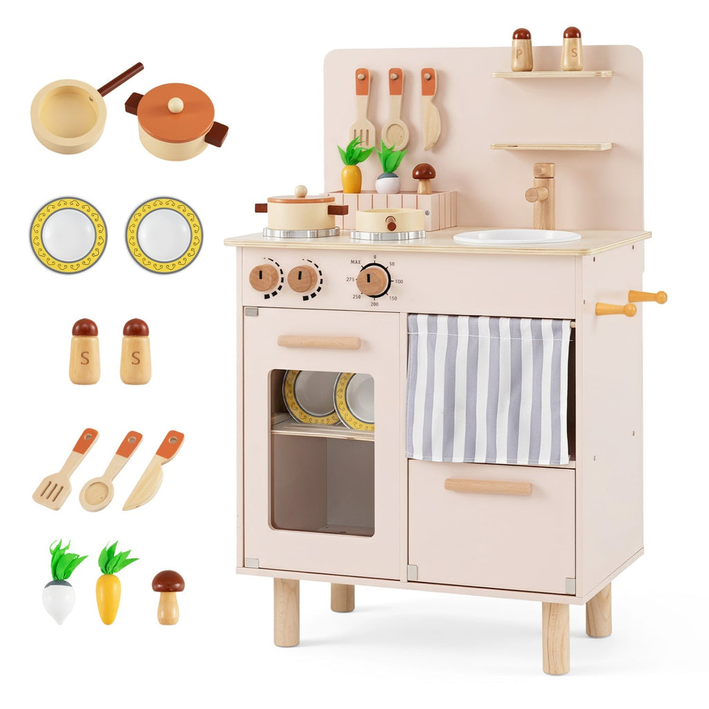 Wooden Play Kitchen Set for Kids with Stove, Sink & Faucet