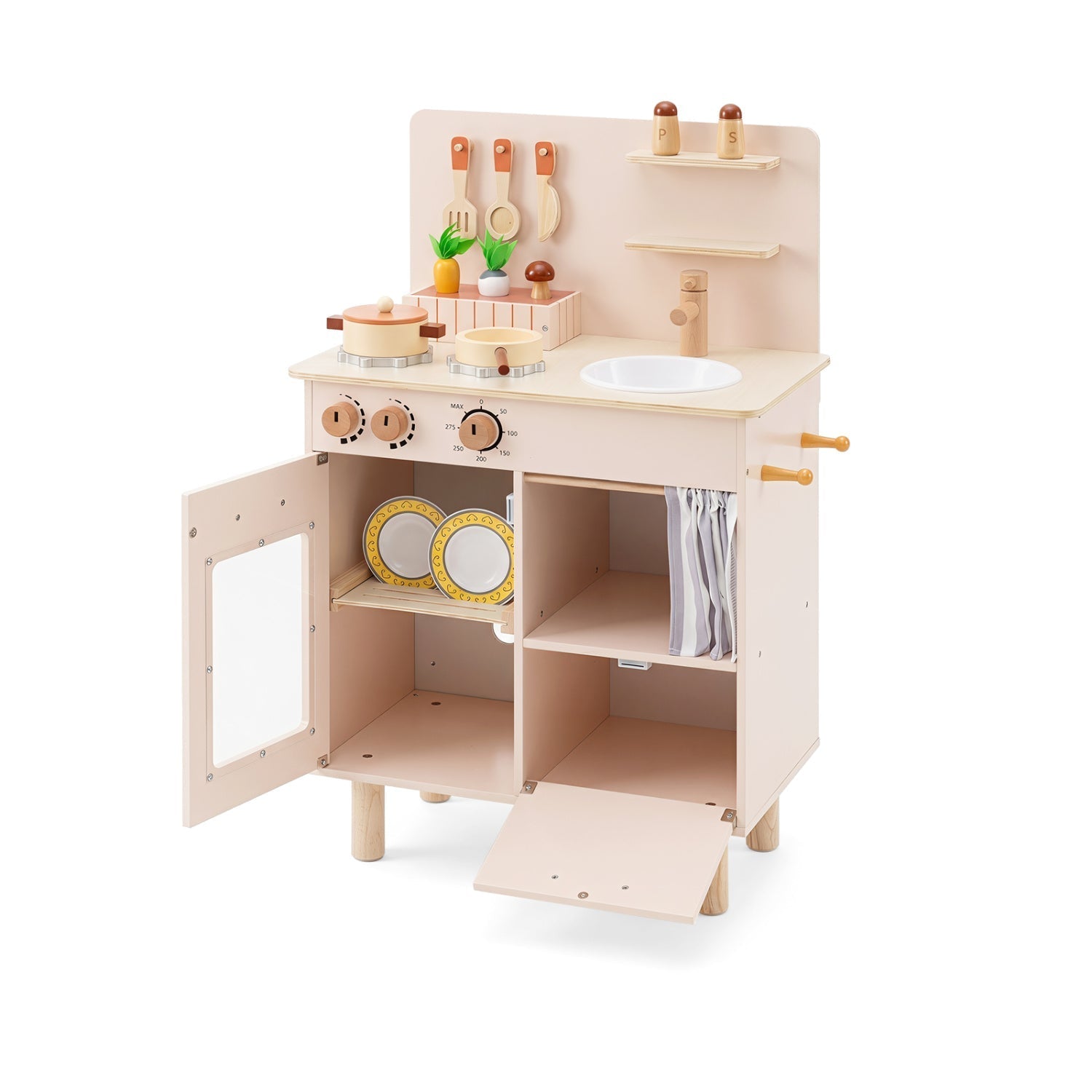 Wooden Play Kitchen Set for Kids with Stove, Sink & Faucet