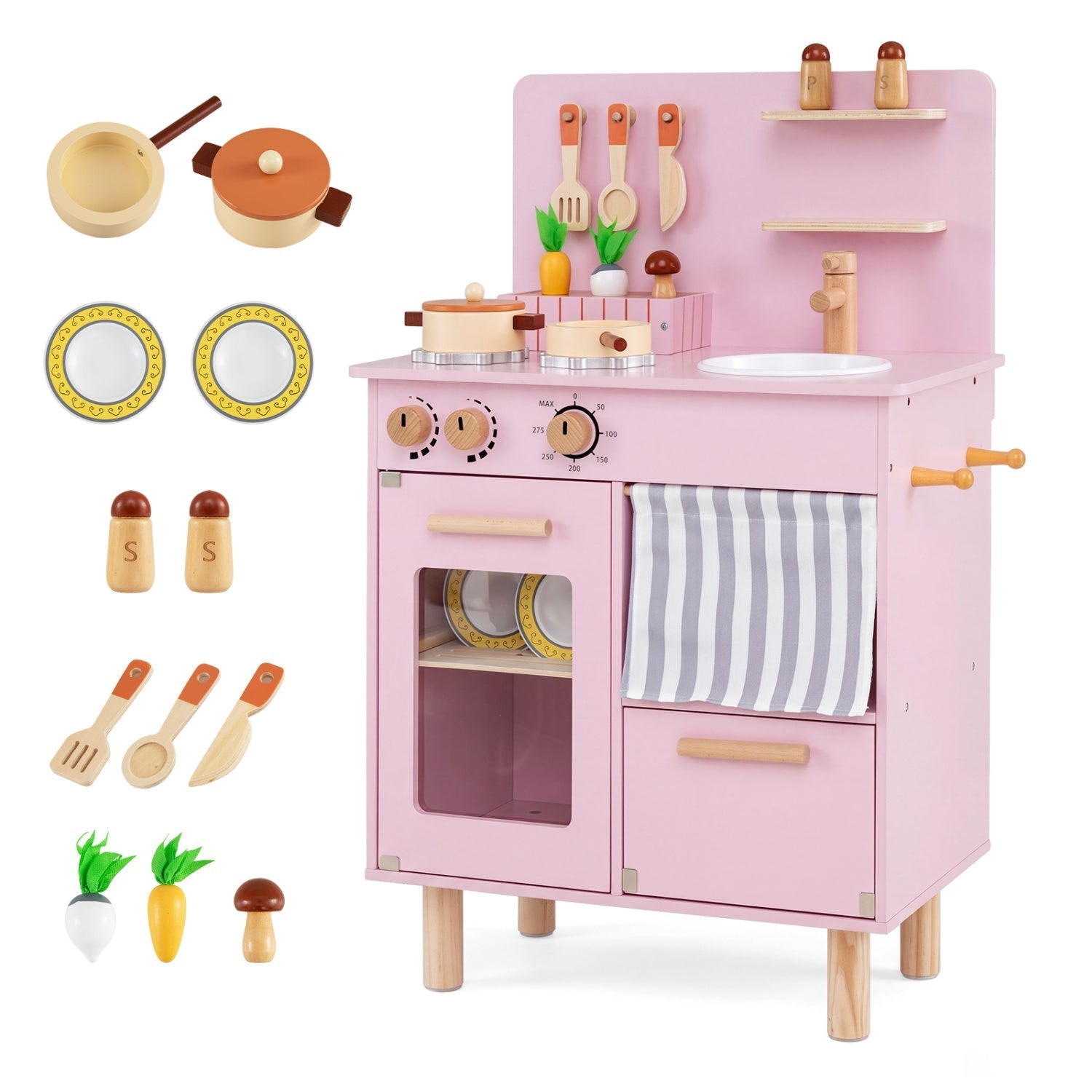 Wooden Play Kitchen Set for Kids with Stove, Sink & Faucet