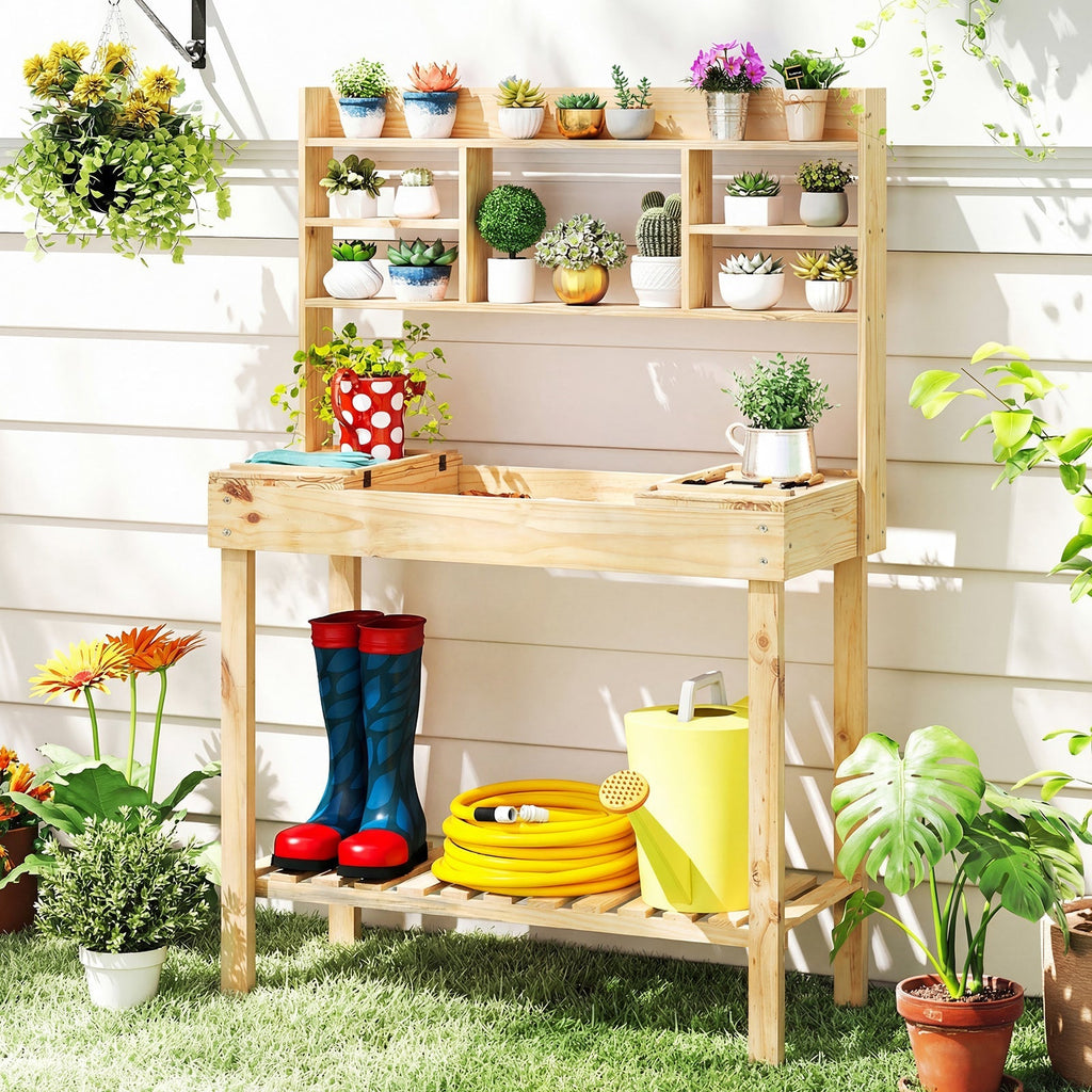 Wooden Potting Bench Table Garden Planting Workstation with 3-Tier Open Shelf