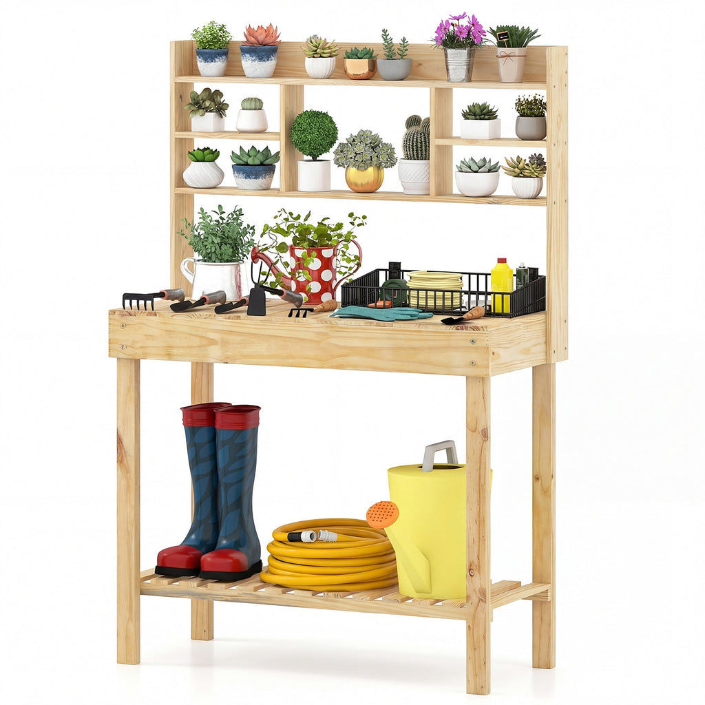 Wooden Potting Bench Table Garden Planting Workstation with 3-Tier Open Shelf