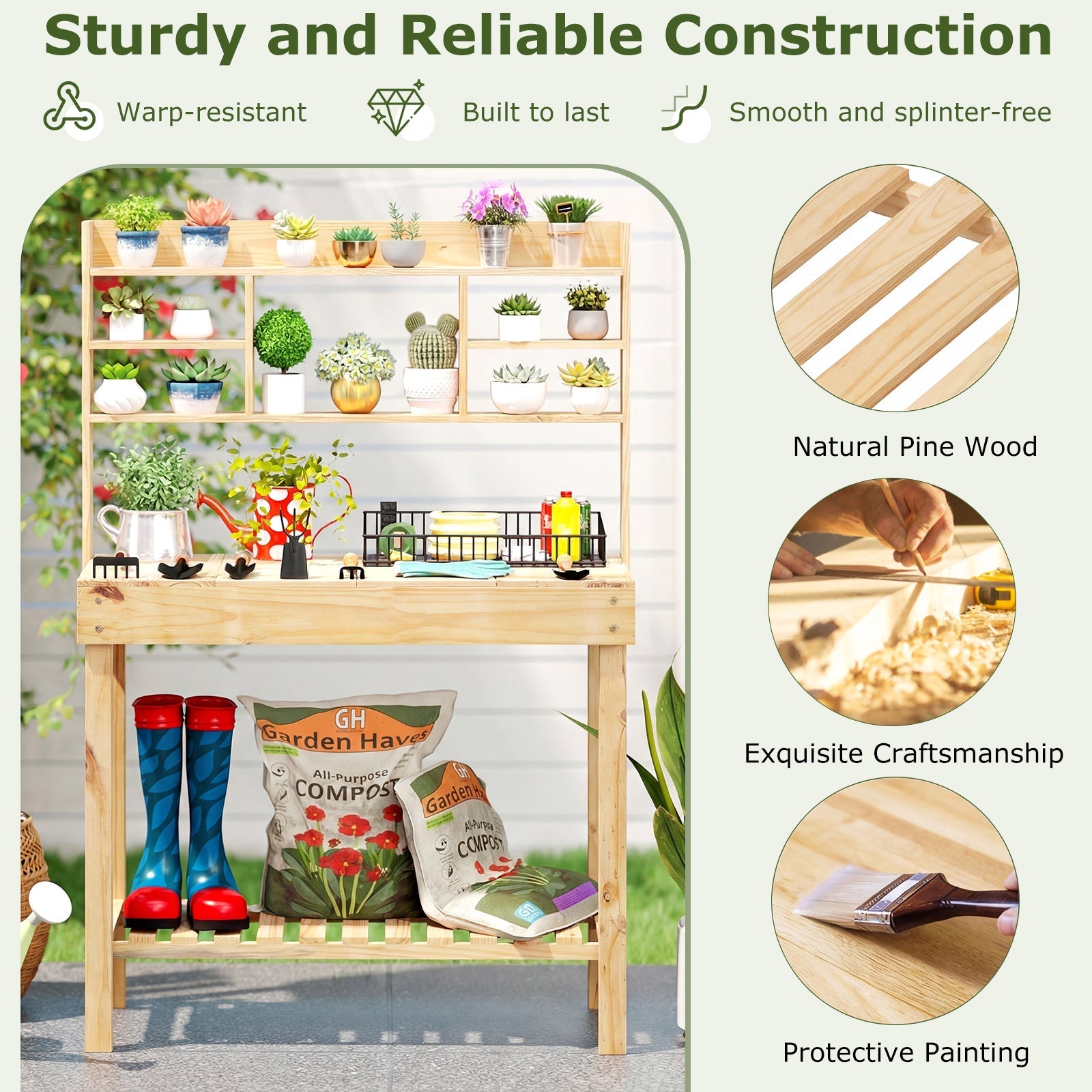 Wooden Potting Bench Table Garden Planting Workstation with 3-Tier Open Shelf