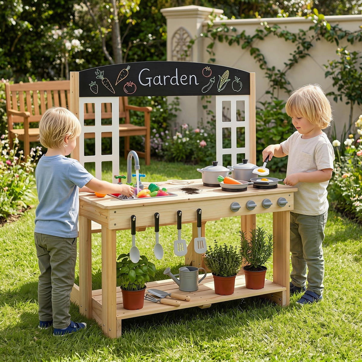 Wooden Play Kitchen with Bench and Cooking Accessories