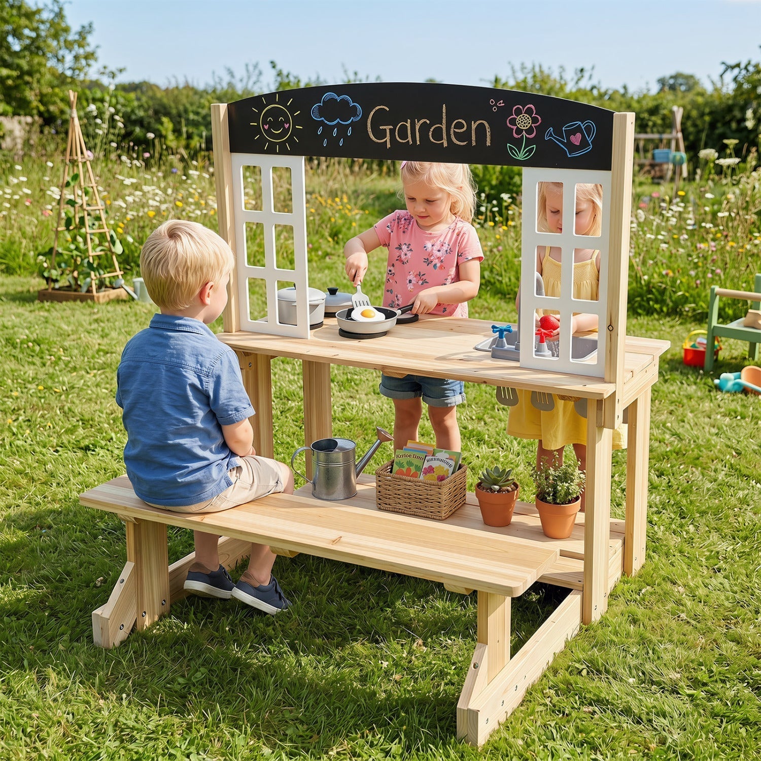 Wooden Play Kitchen with Bench and Cooking Accessories