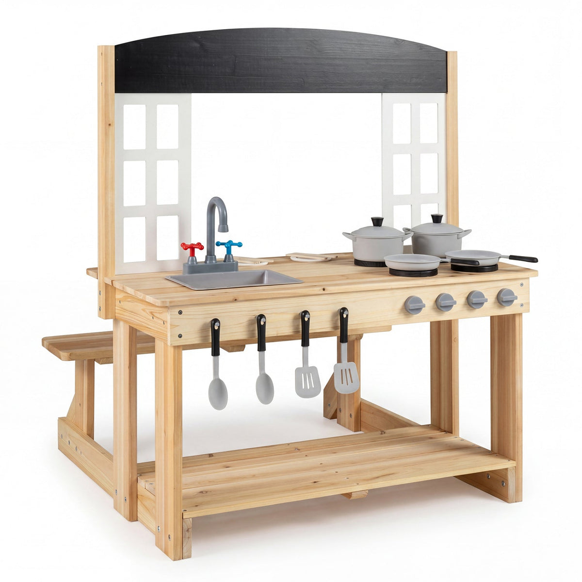 Wooden Play Kitchen with Bench and Cooking Accessories