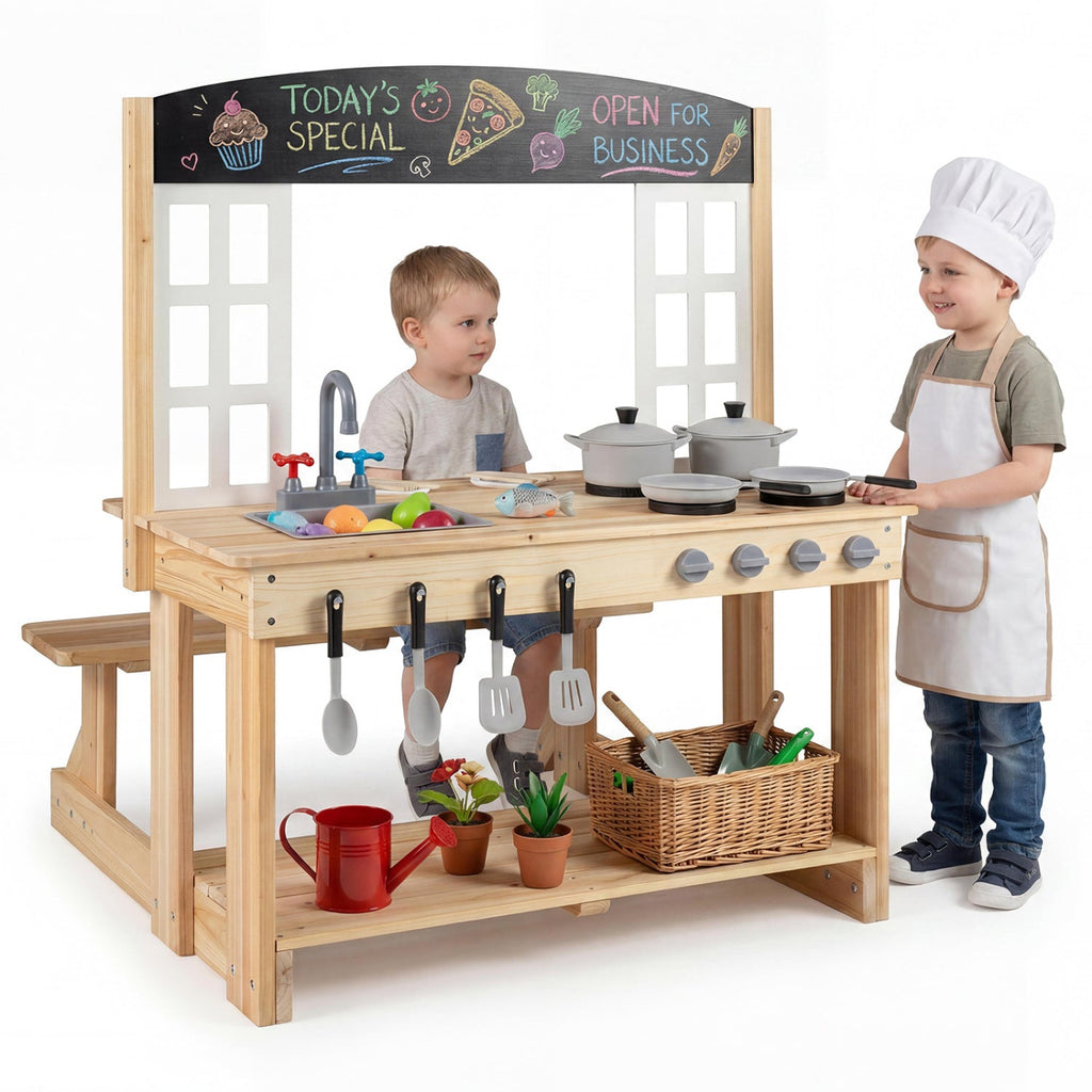 Wooden Play Kitchen with Bench and Cooking Accessories