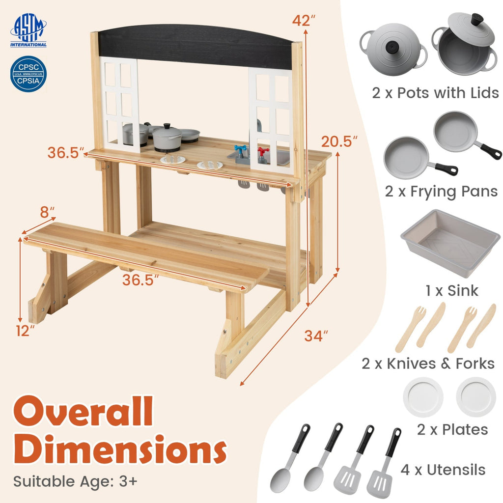 Wooden Play Kitchen with Bench and Cooking Accessories