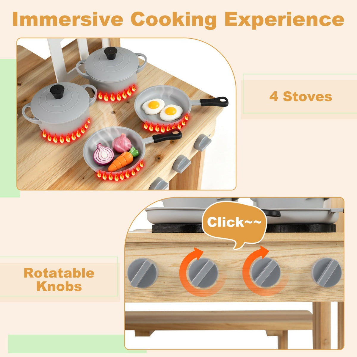 Wooden Play Kitchen with Bench and Cooking Accessories