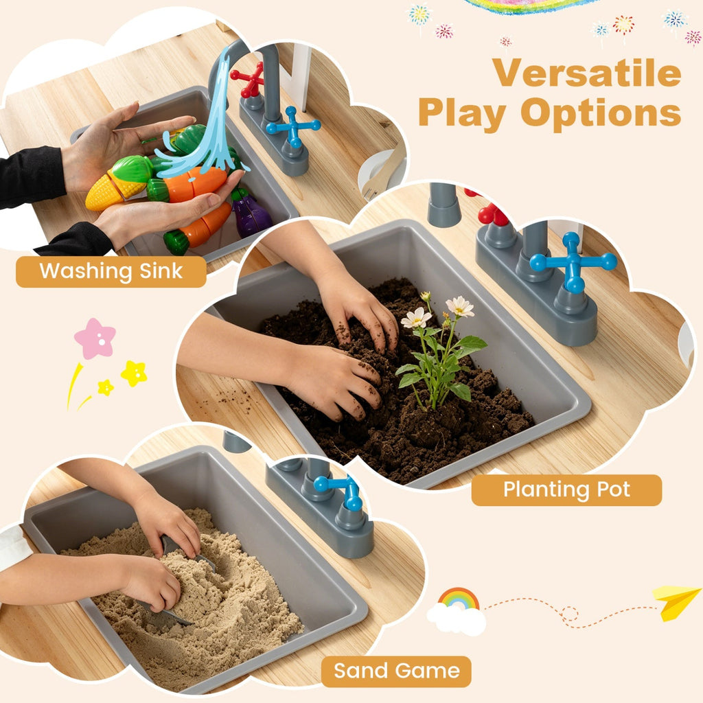 Wooden Play Kitchen with Bench and Cooking Accessories