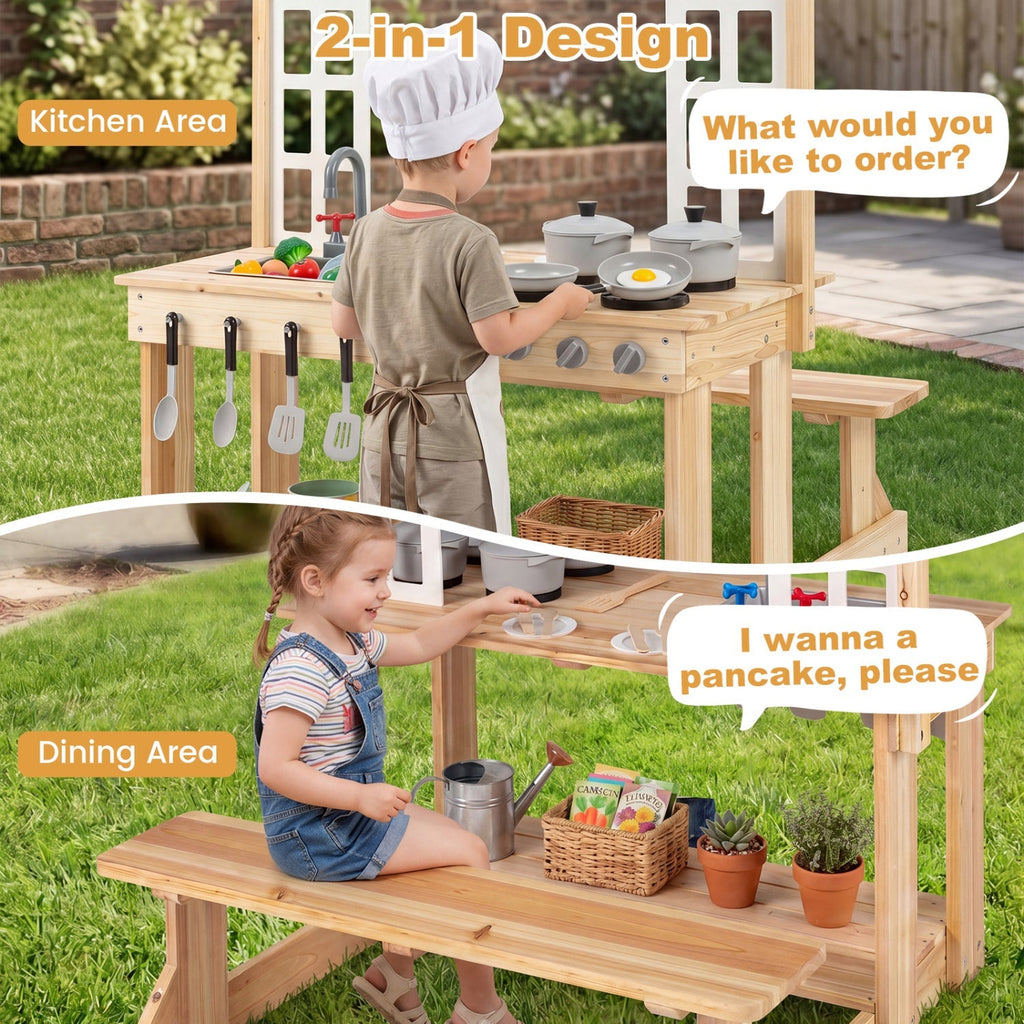 Wooden Play Kitchen with Bench and Cooking Accessories