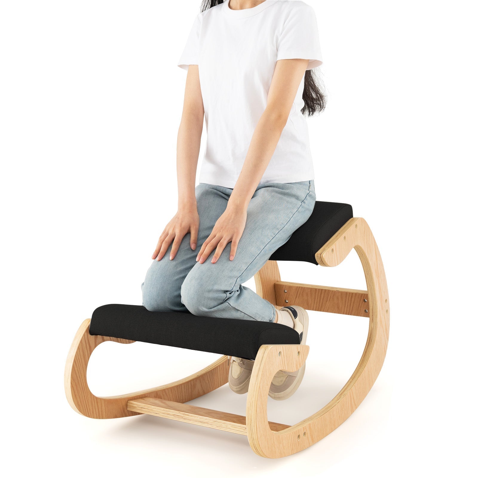Wooden Rocking Chair with Comfortable Padded Seat Cushion and Knee Support