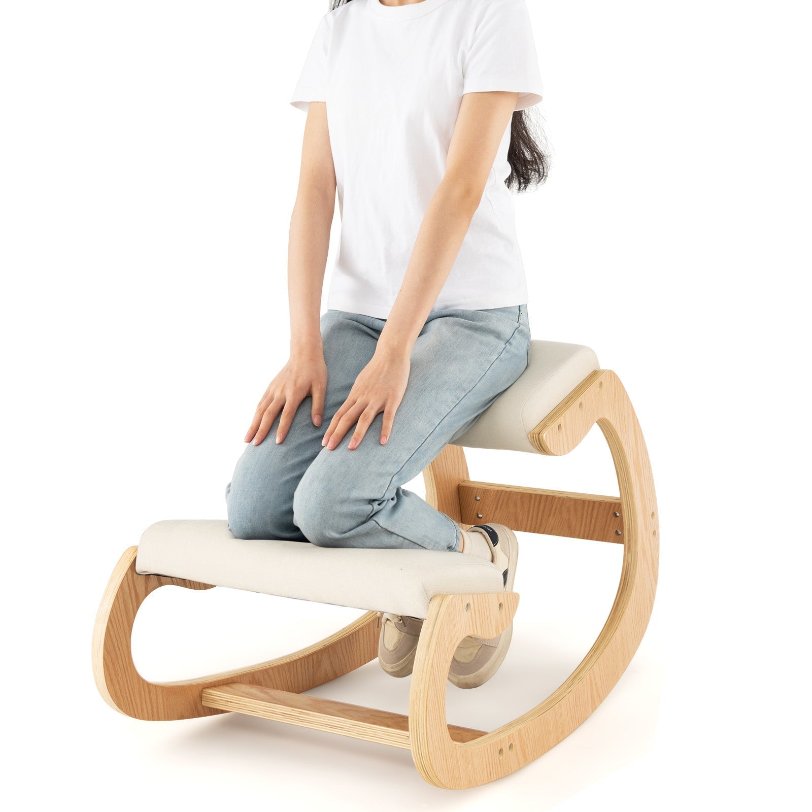 Wooden Rocking Chair with Comfortable Padded Seat Cushion and Knee Support