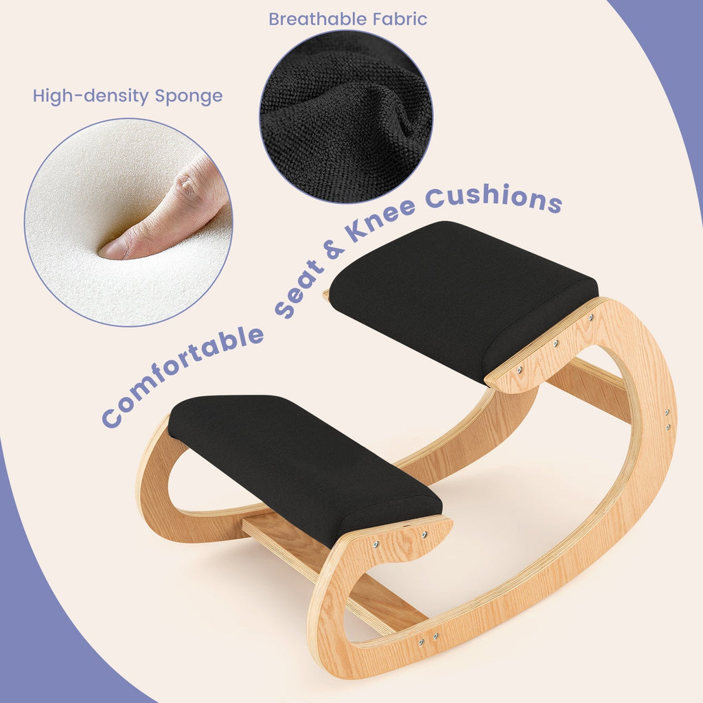 Wooden Rocking Chair with Comfortable Padded Seat Cushion and Knee Support