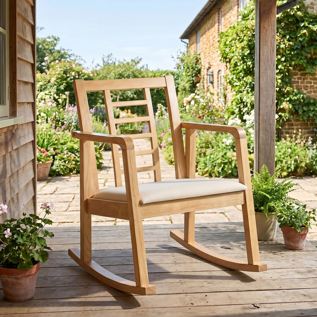 Wooden Rocking Chair with Upholstered Seat and Ladder Back