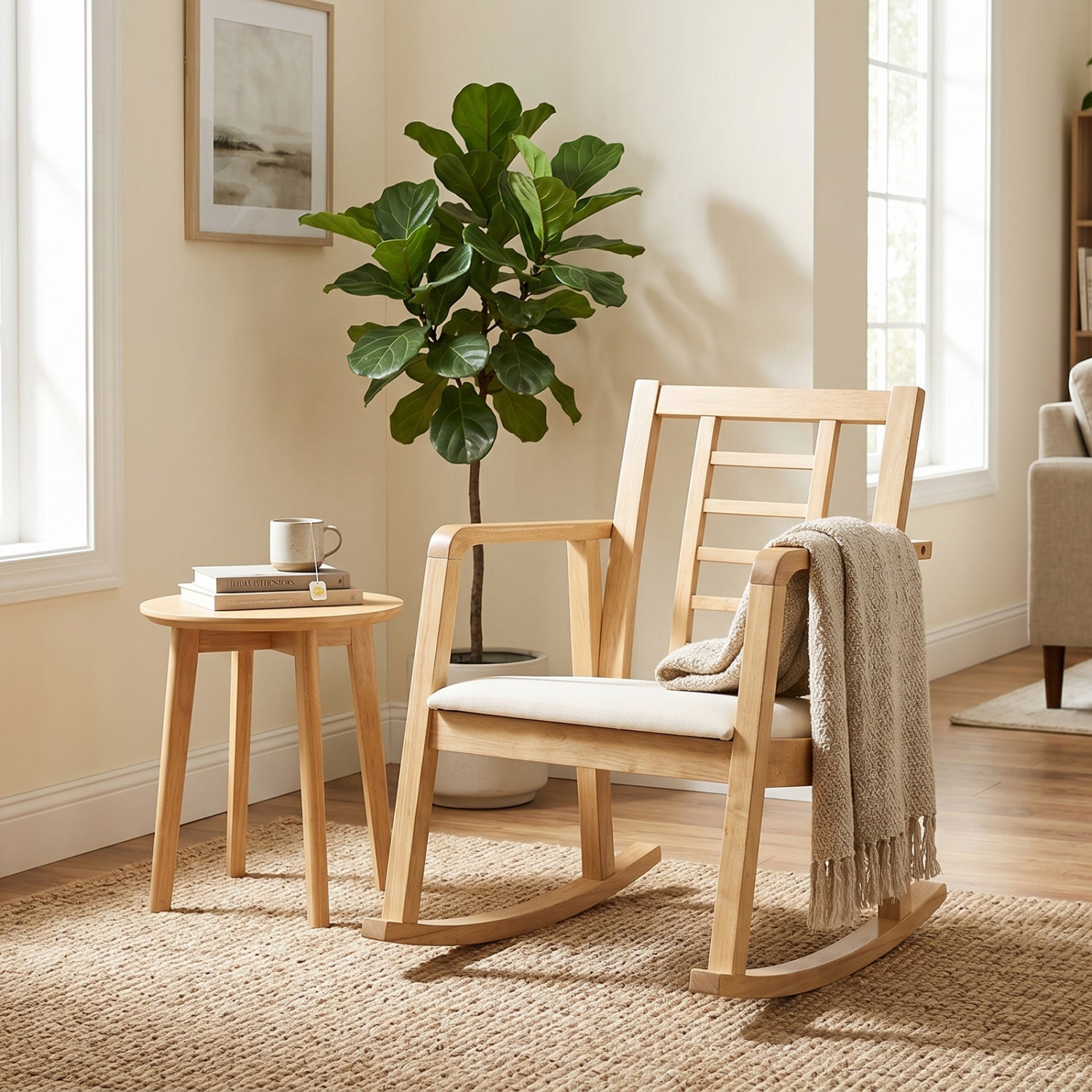 Wooden Rocking Chair with Upholstered Seat and Ladder Back