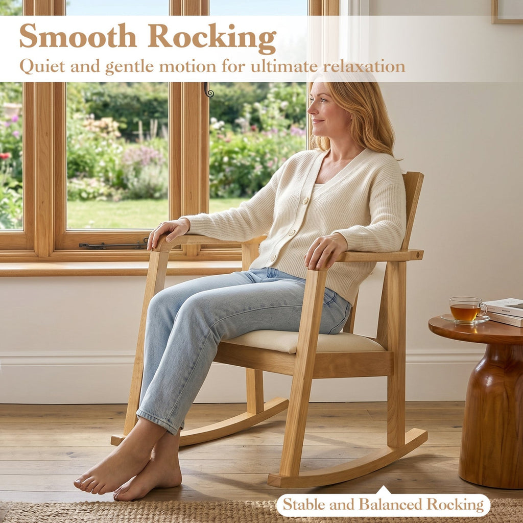 Wooden Rocking Chair with Upholstered Seat and Ladder Back