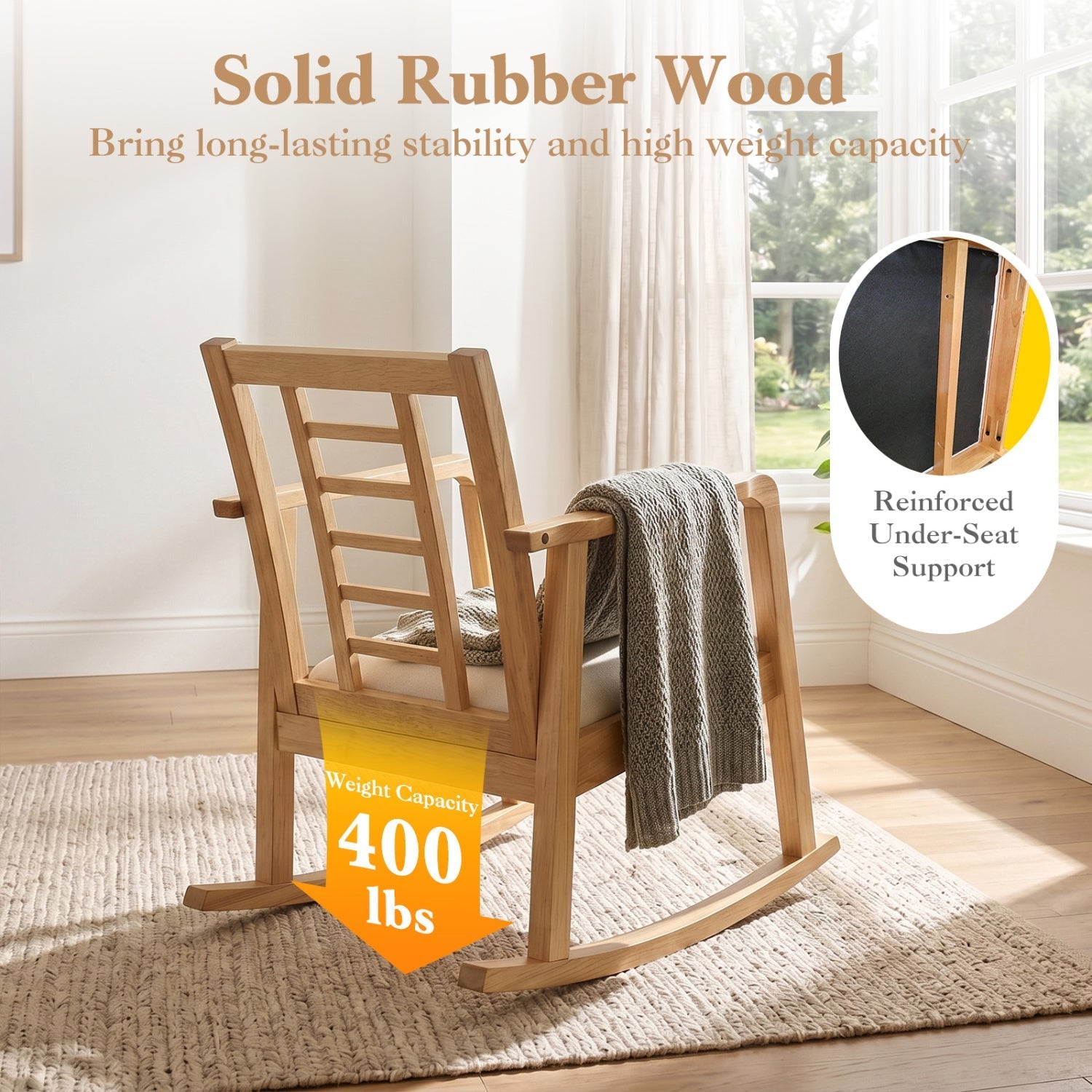 Wooden Rocking Chair with Upholstered Seat and Ladder Back