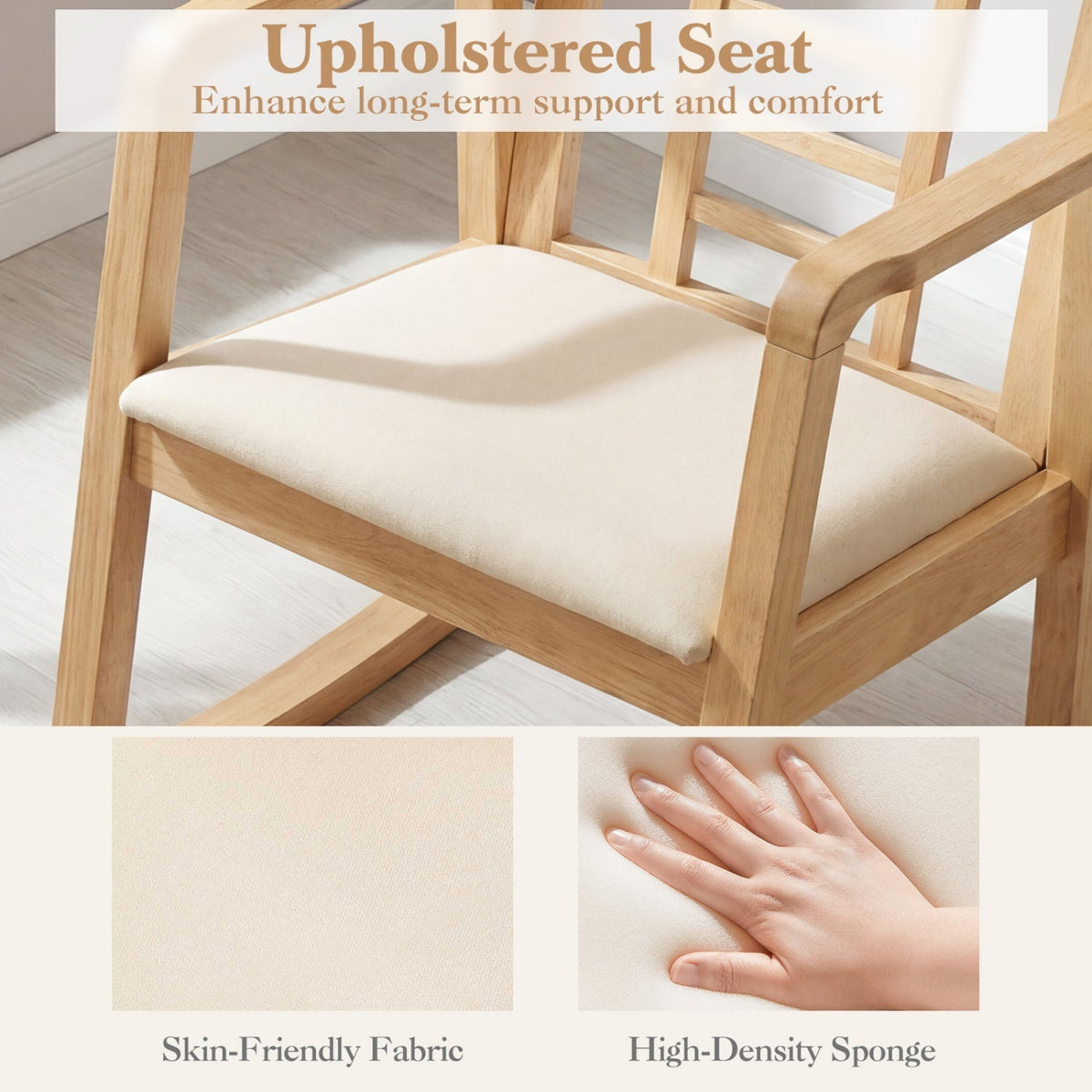 Wooden Rocking Chair with Upholstered Seat and Ladder Back