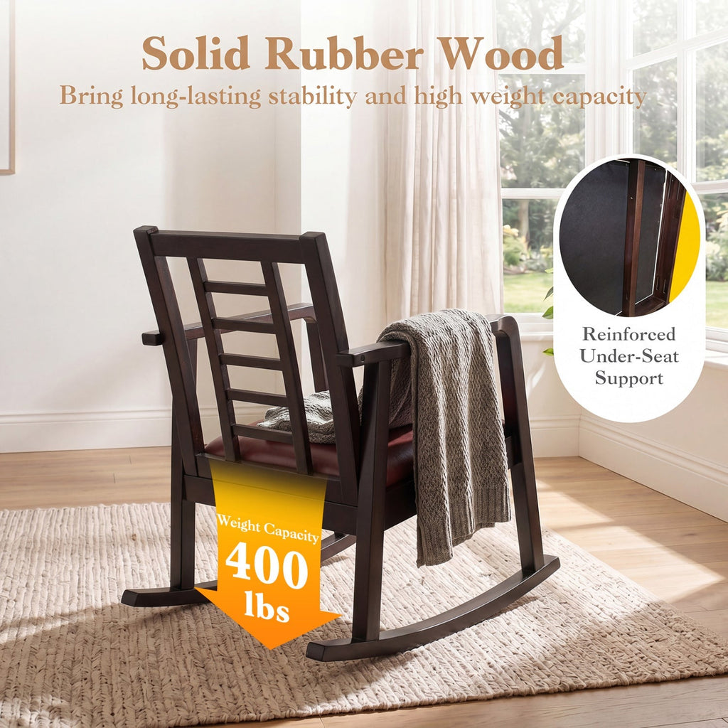 Wooden Rocking Chair with Upholstered Seat and Ladder Back