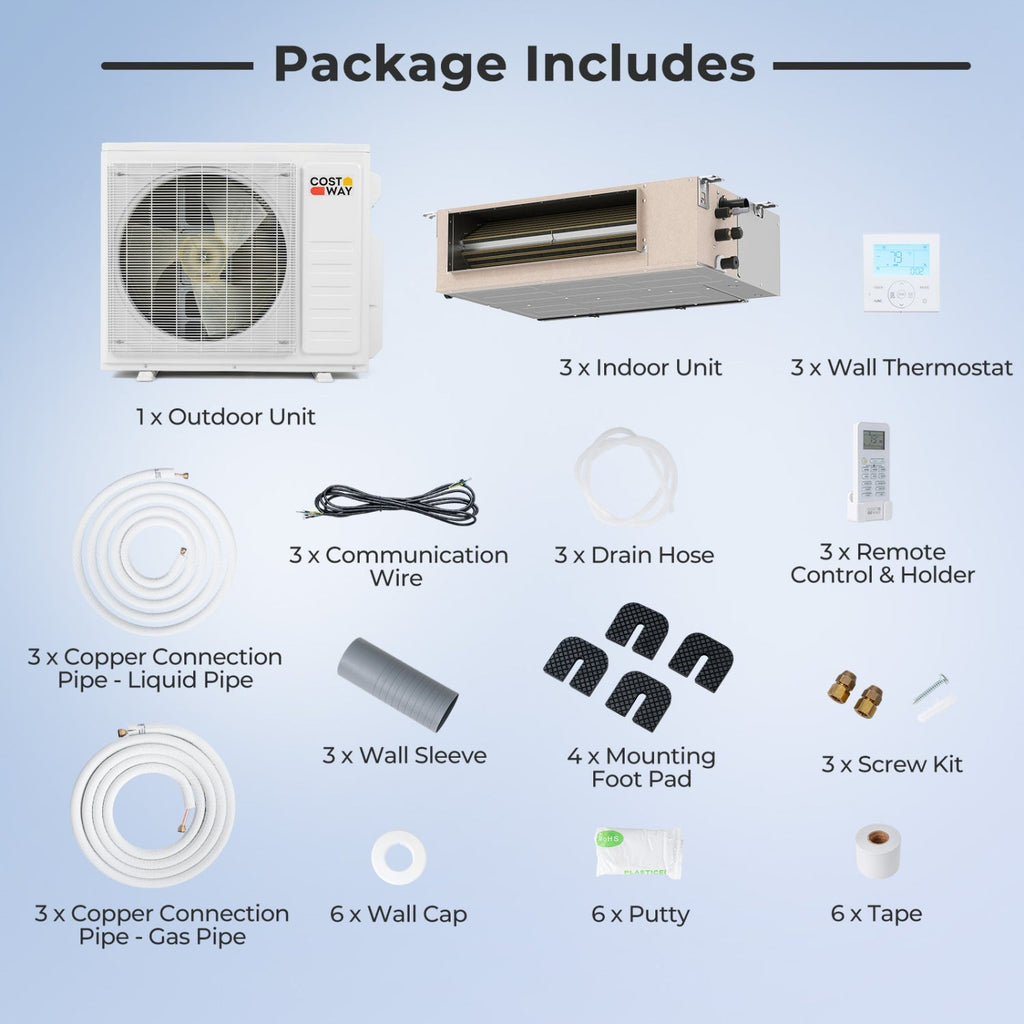 3 Zone Mini Split Air Conditioner 27000 BTU Concealed Ducted