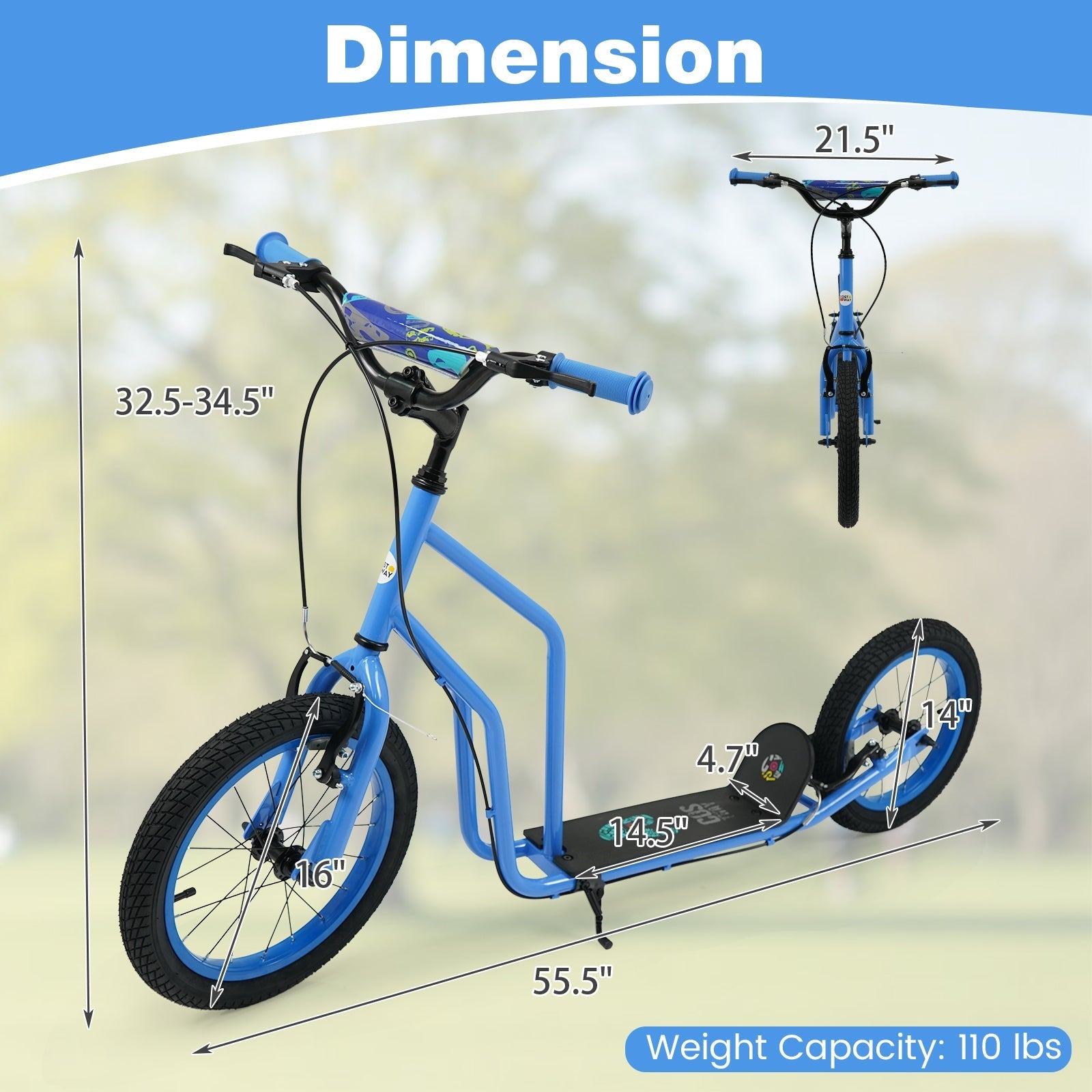 Youth Scooter with Adjustable Handlebar and 16/14-Inch Inflatable Wheels for Age 8+ Years Old