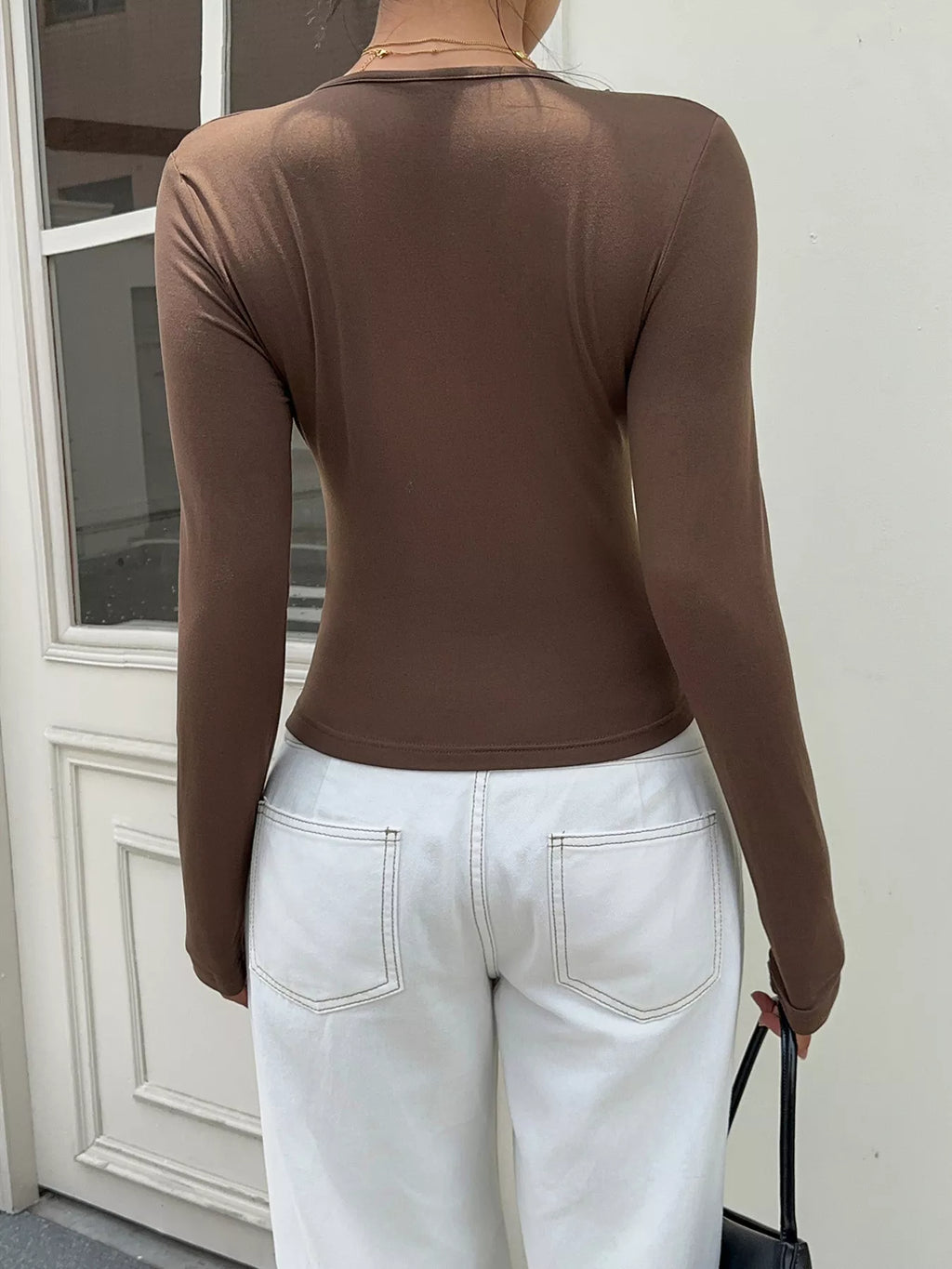 Lace-Trimmed V-Neck Long Sleeve T-Shirt