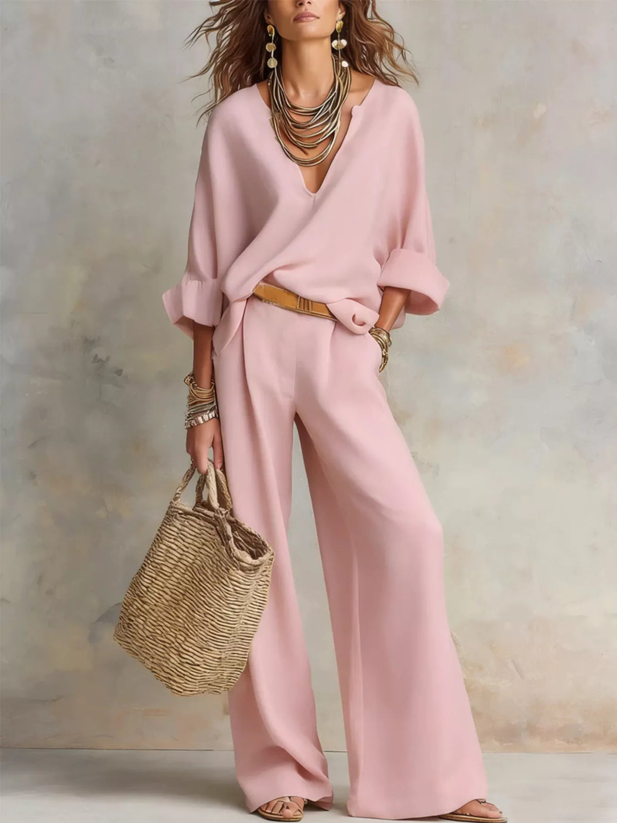 Full Size Loose Fit Top and Wide-Leg Pants Set Plus Size