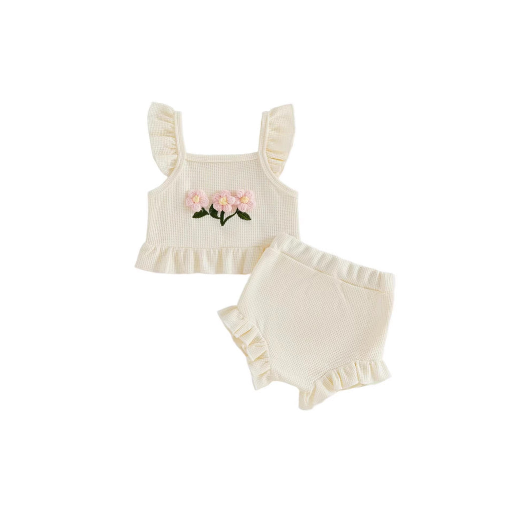 Three-dimensional Flower Top And Pants Set